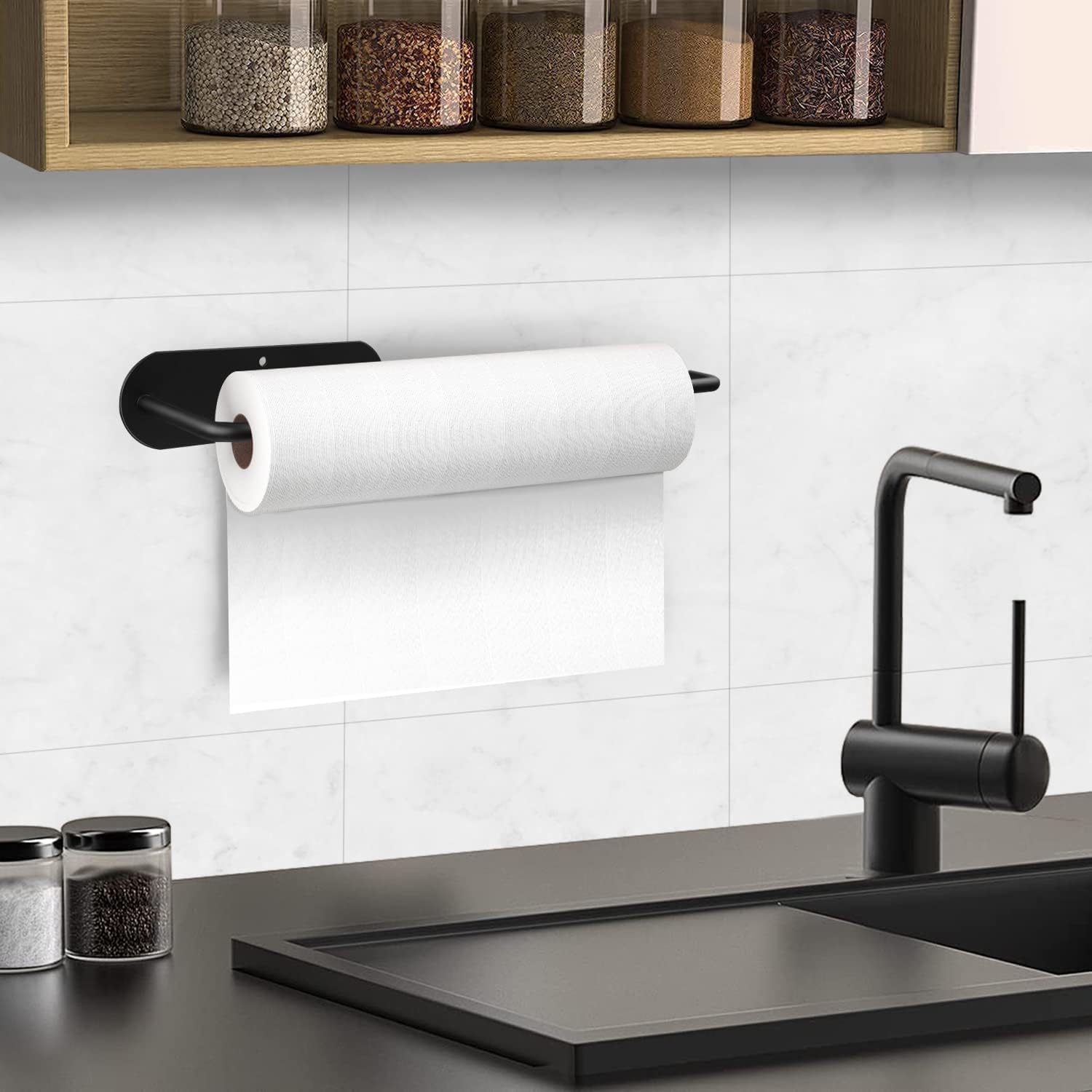Czarny uchwyt na ręczniki papierowe, ścienny uchwyt na ręczniki papierowe, samoprzylepny uchwyt na ręczniki papierowe do kuchni bez wiercenia, uchwyt - 4