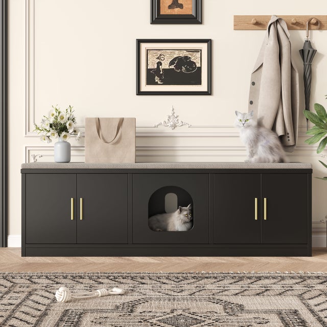Armário para sapatos/caixa de areia para gatos - 140x40x45,5 cm - Com arranhador e ventilação - Luzes ajustáveis ​​​​- Preto