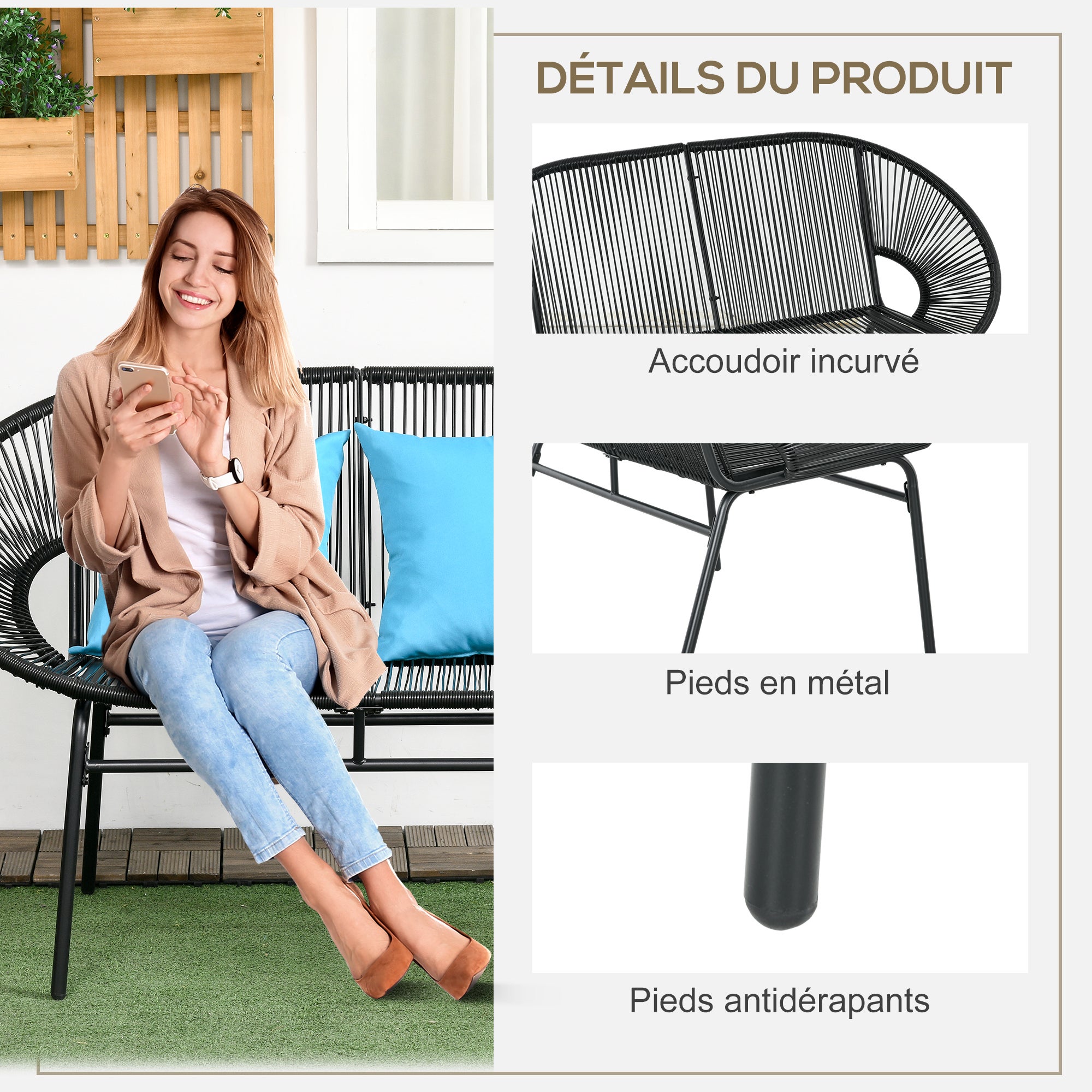 Banc de jardin 2 places design Acapulco 2 coussins métal résine filaire - 6