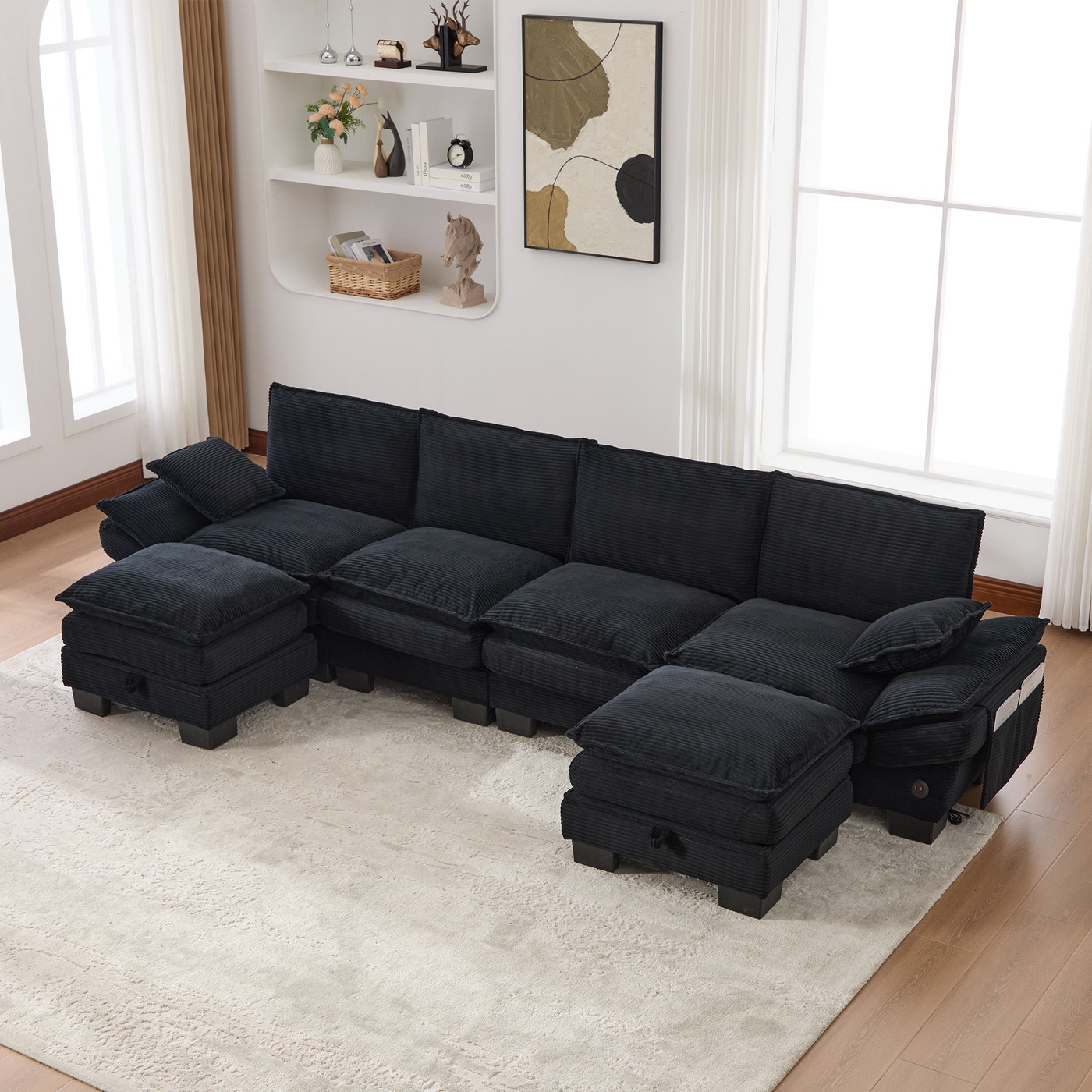Canapé modulable EURHCIO noir 4 places avec deux poufs, ASIN B0H4Z5HDN2
