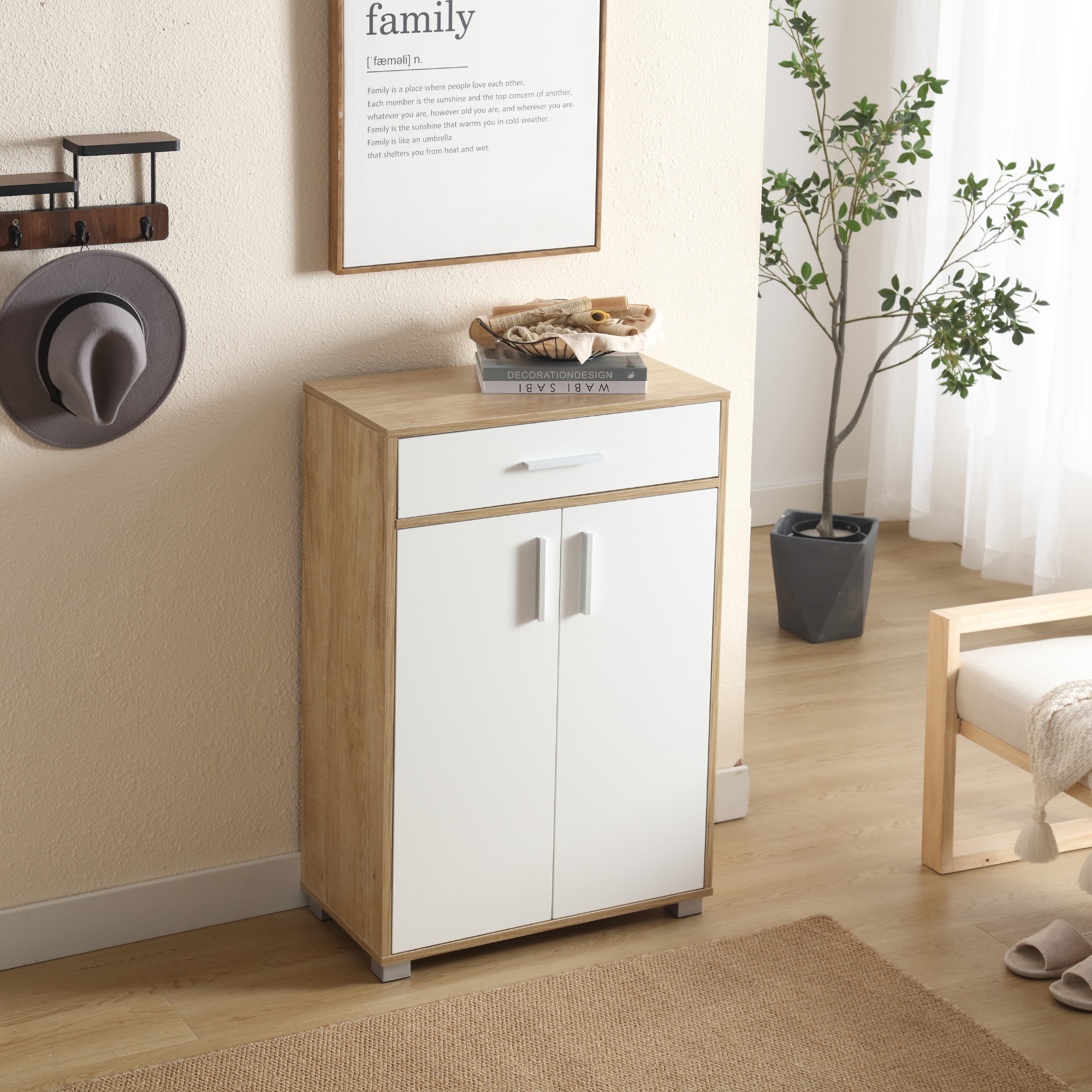 Meuble à chaussures peu encombrant 2 portes 1 tiroir 5 étagères 63 x 33 x 95 cm Meuble en bois Armoire d'entrée, design blanc et chêne - ZIK - 6