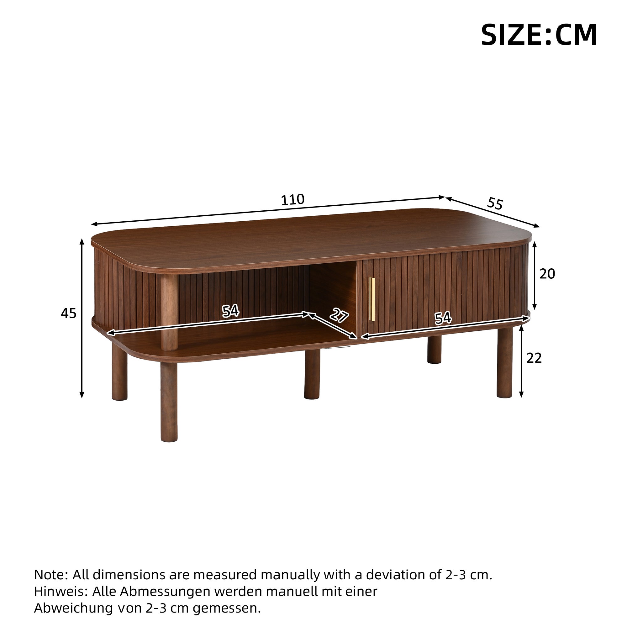 Table basse avec 2 portes enroulables, rangement double niveau et bords arrondis - MDF/bois - 110 x 55 x 45 cm - Noyer - 4