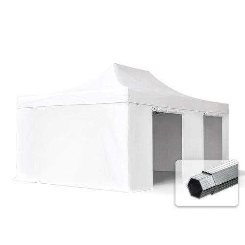 4x6m gazebo pieghevole PVC ignifugo con 4 laterali, PROFESSIONAL alluminio, bianco