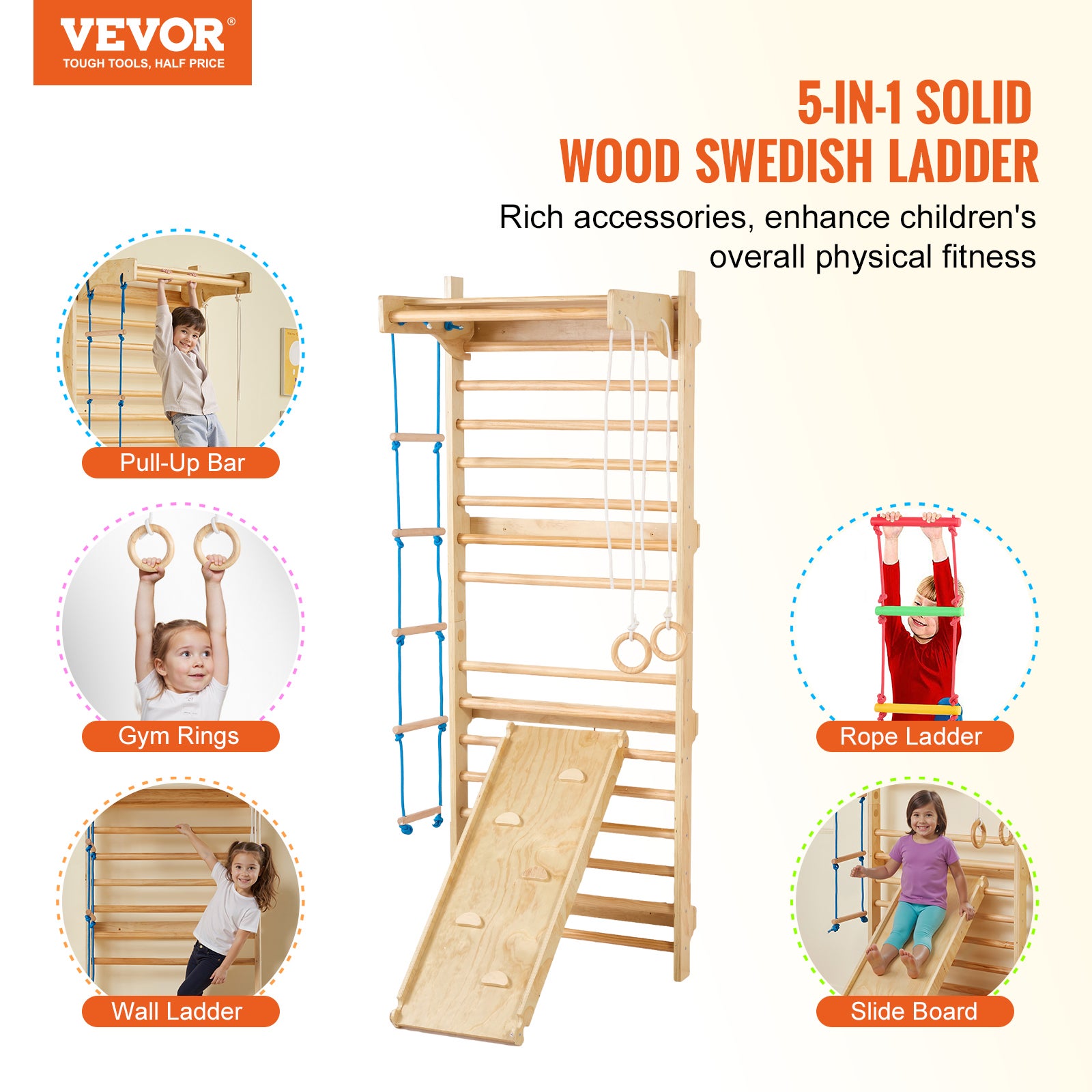 Échelle Murale Suédoise 5 en 1,VEVOR Jouets Escalade,Capacité 220 lb,Barre Traction,Anneaux Gymnastique,Échelle Corde,Planche Coulissante - 2