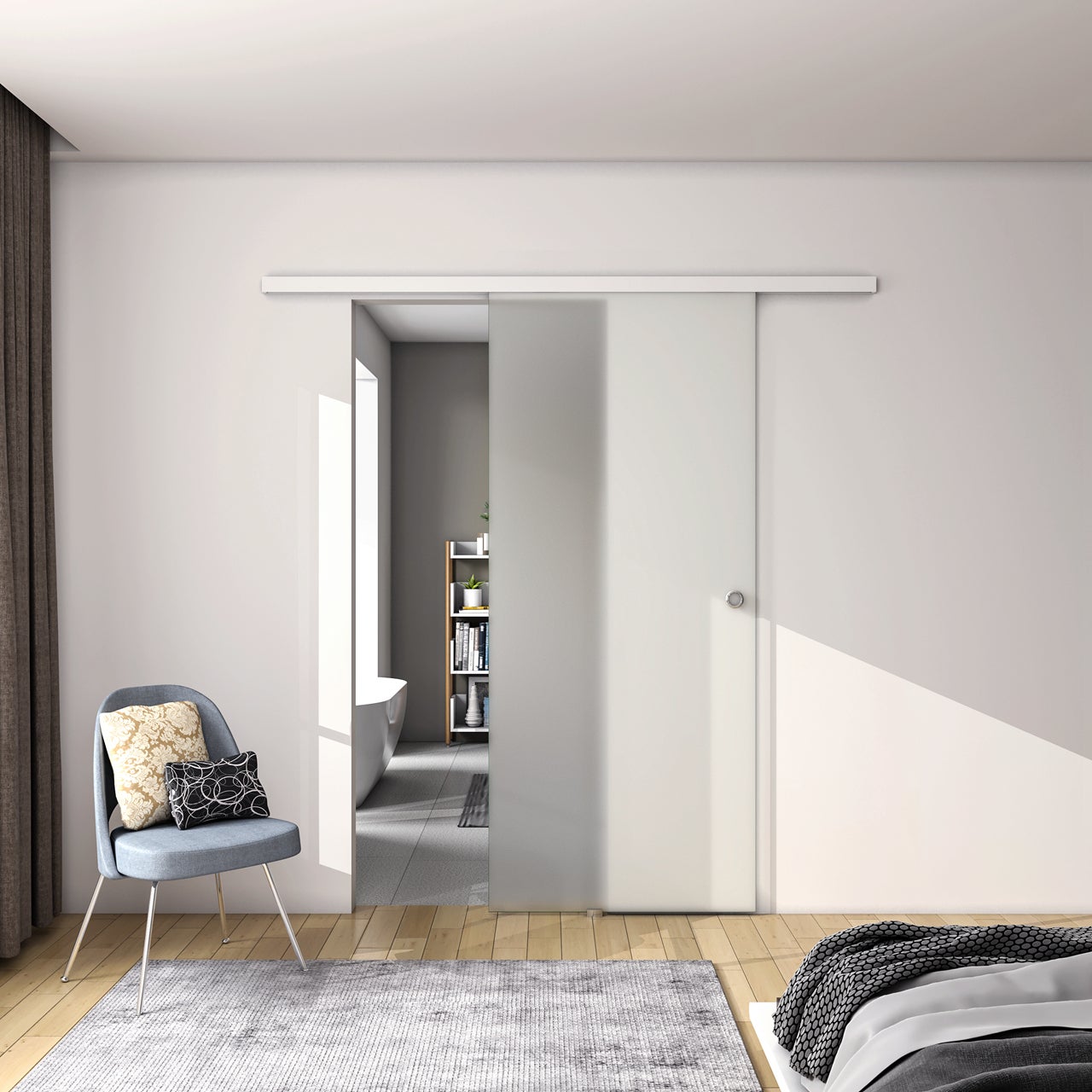 85x225 cm Porta Scorrevole in Vetro da 8 mm Temperato Opaco con Pellicola Anti-frantumi con Binario in Alluminio Bianco Verniciato - 2