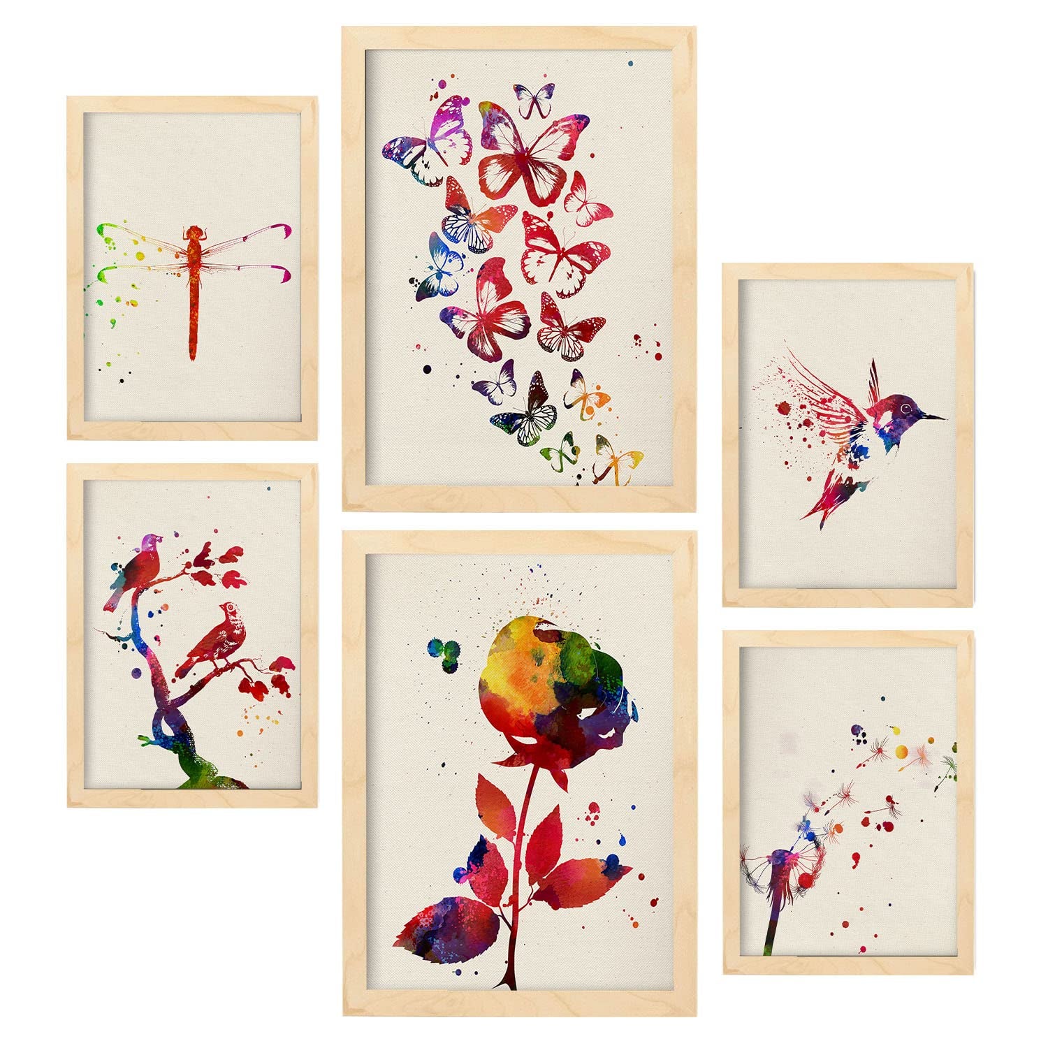 Nacnic posters de naturaleza ilustraciones estilo acuarela de plantas flores mariposas y pájaros diseño moderno para la a4 & a3 marcos color madera
