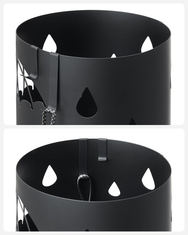 Porte-parapluie Design, Rond, en Métal, avec 4 Crochets, Bac de Récupération d'Eau Amovible, 17 x 41 cm (Ø x H), pour Entrée, Couloir, Noir - 7