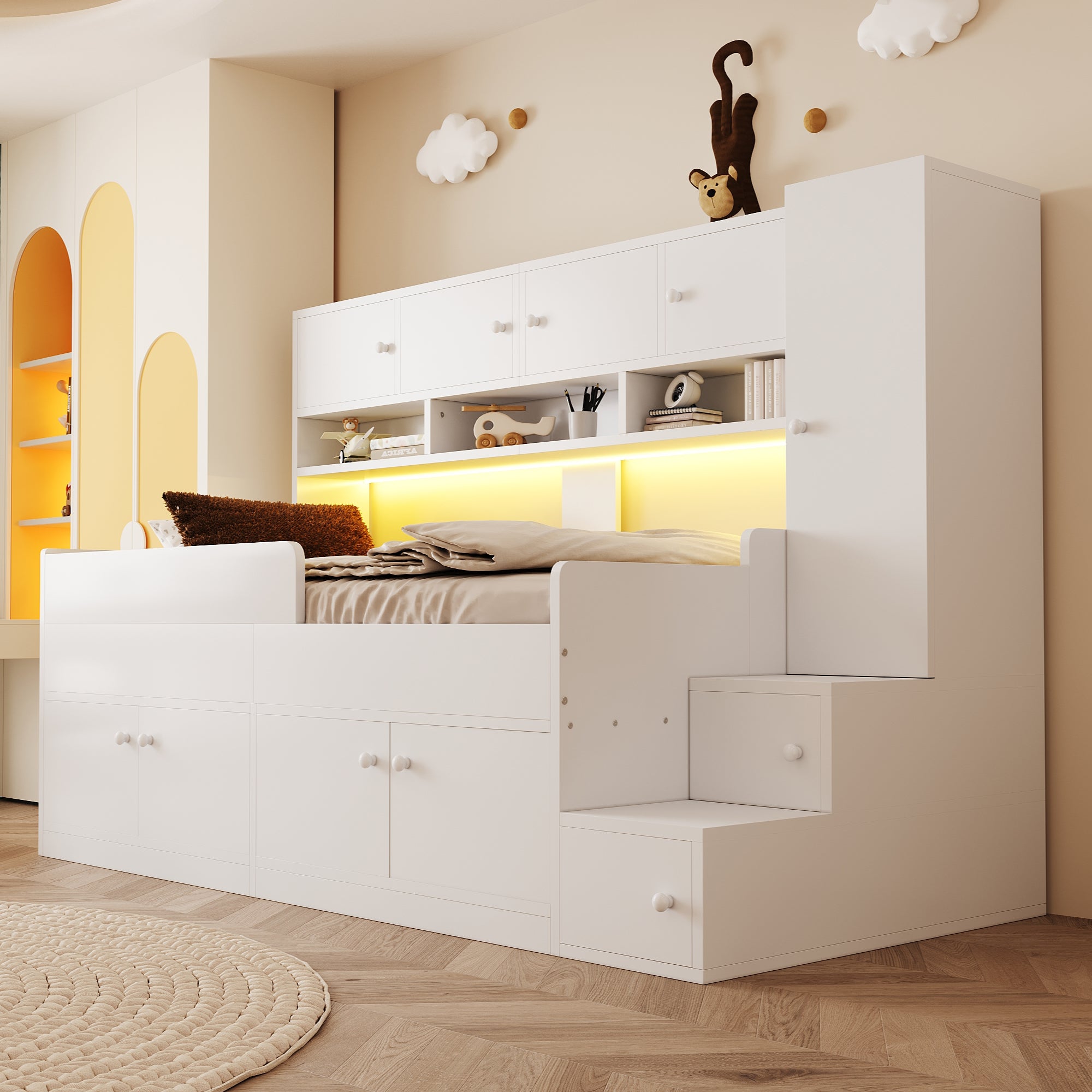 Łóżko dziecięce 90 x 200 z 11 drzwiami i schodkami - Płyta wiórowa + MDF + płyta wielowarstwowa - Diody LED - Białe (Materac nie jest wliczony w cenę)