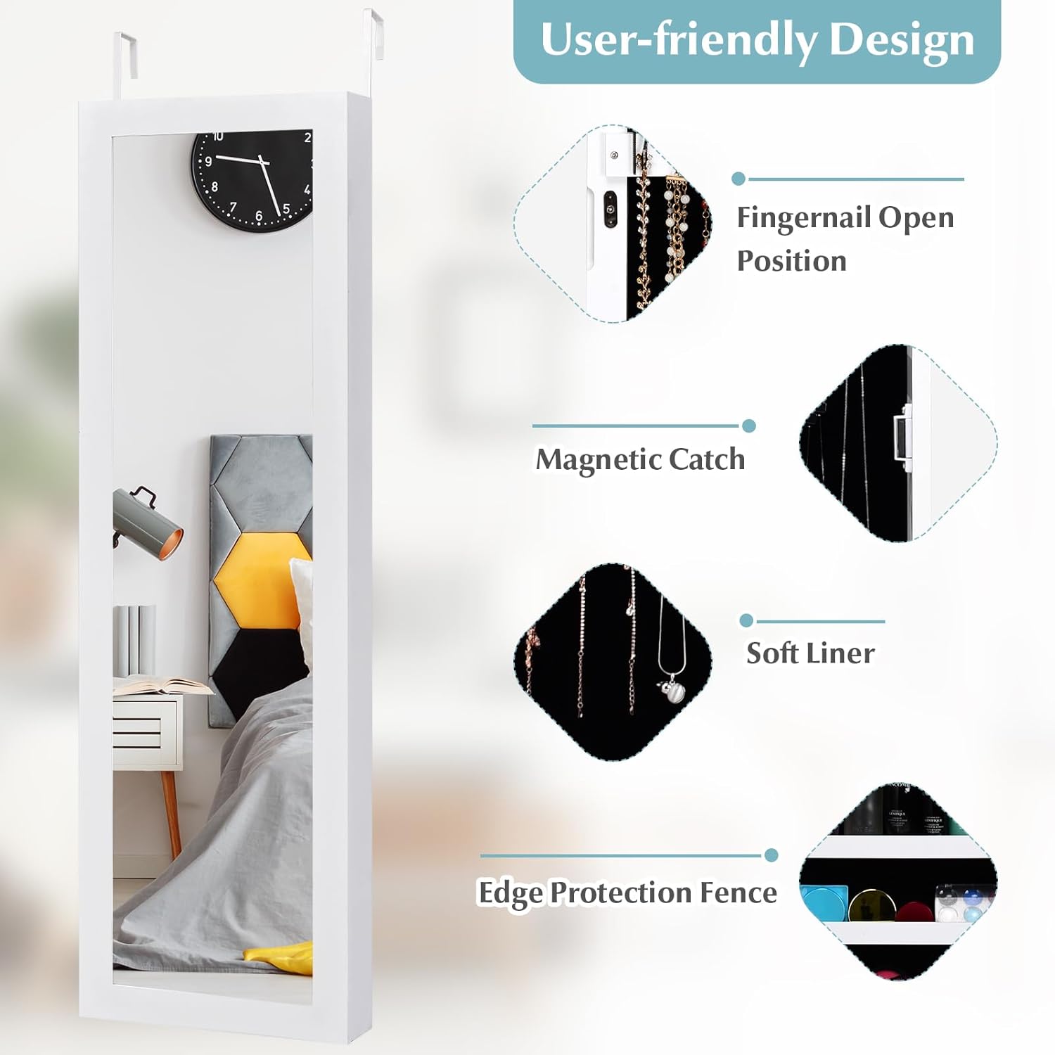 Armoire a Bijoux Mural avec Miroir et 3 Niveaux d’Etagere,Armoire de Rangement Accrochee a la Porte avec Divers Compartiments - 4