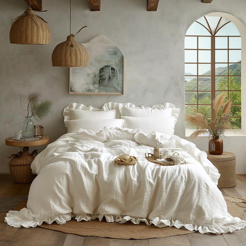 Pościel bawełniana z falbanką 160x200 Stonewashed Exclusive, Snow White, biała - Limasso