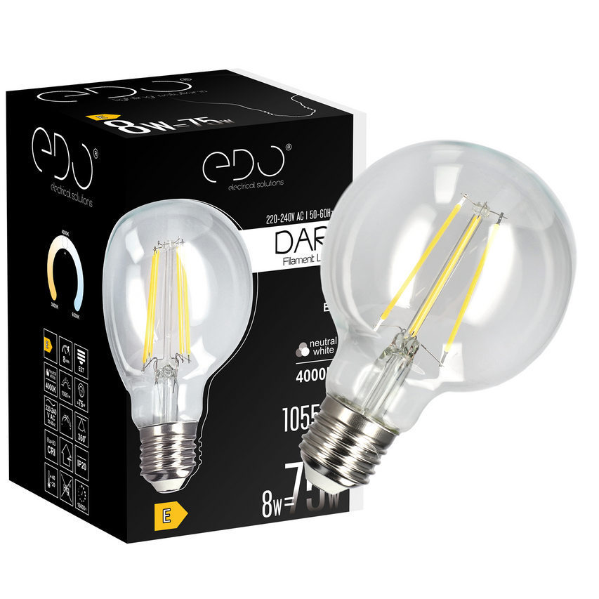 Żarówka dekoracyjna Dari LED Filament 8W, E27, 4000K, 1055lm, 230V, CLEAR G80, EDO777634 EDO Solutions