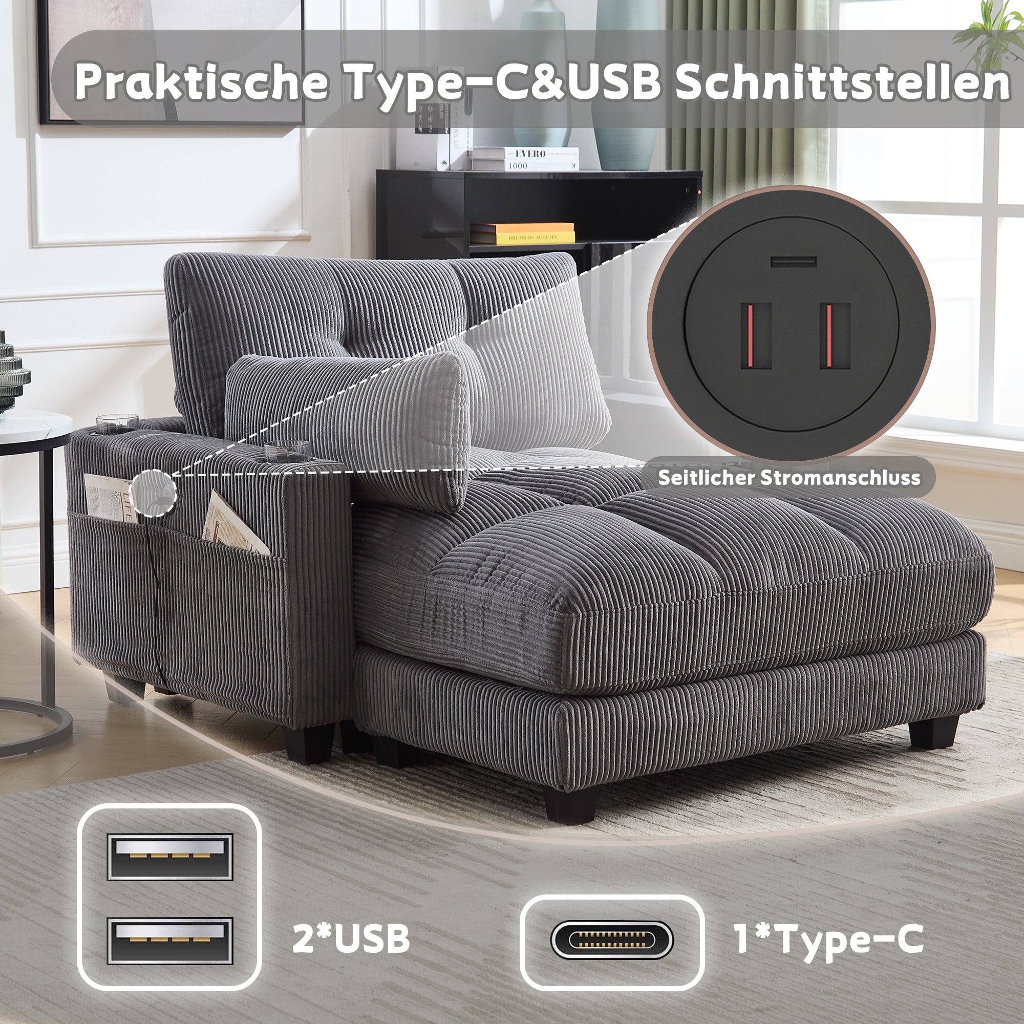 Canapé moelleux L 140 x P 112 x H 81 cm - 2 Porte-Gobelets et 1 poche latérale - Avec port USB-C - velours côtelé - gris - 2