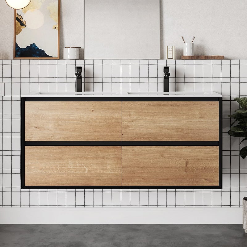 Szafka łazienkowa wisząca pod umywalkę - Naturalny jasny i czarny - 120 cm - LANNICK