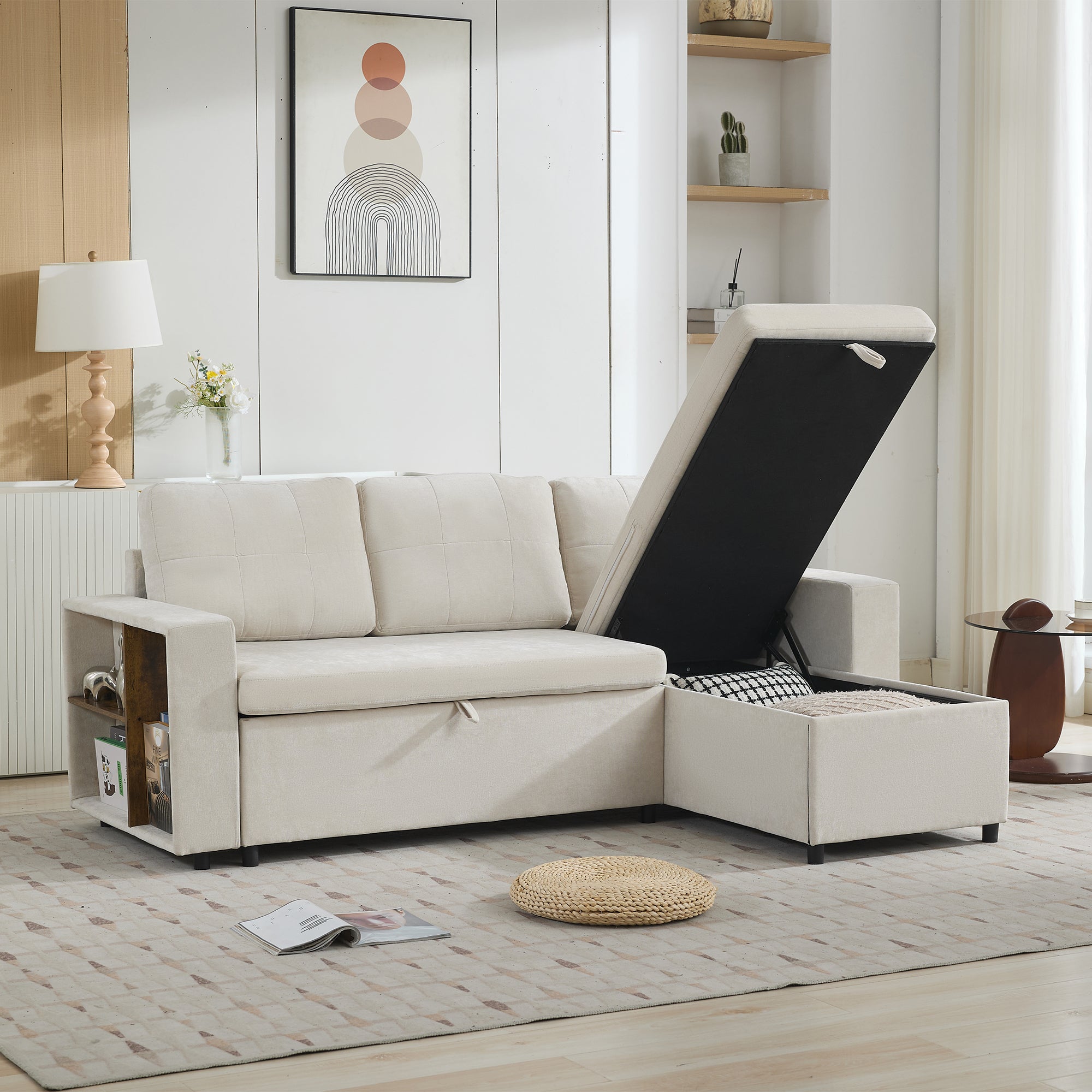 Narożnik 3-osobowy 202 x 136 x 85 cm ze schowkiem, odwracalnym szezlongiem i półkami w podłokietnikach – Chenille – Beżowy - 4