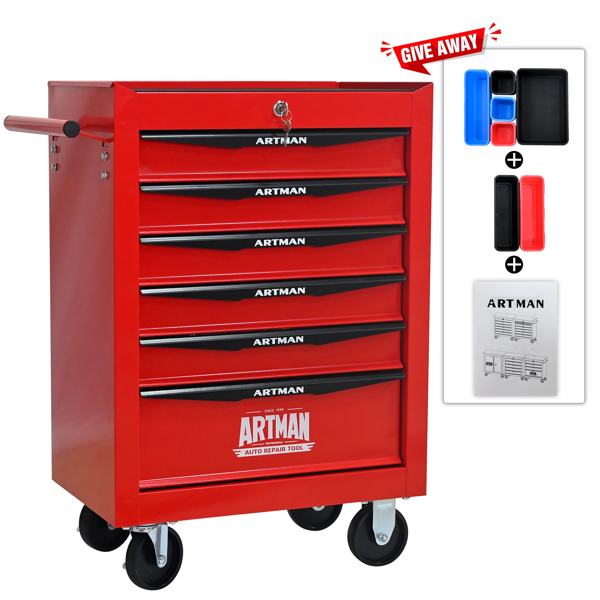 Coffre à outils roulant en métal à 6 tiroirs, armoire à outils pliable en 6 parties avec glissières à billes, organisateur de rangement d'outils - 3