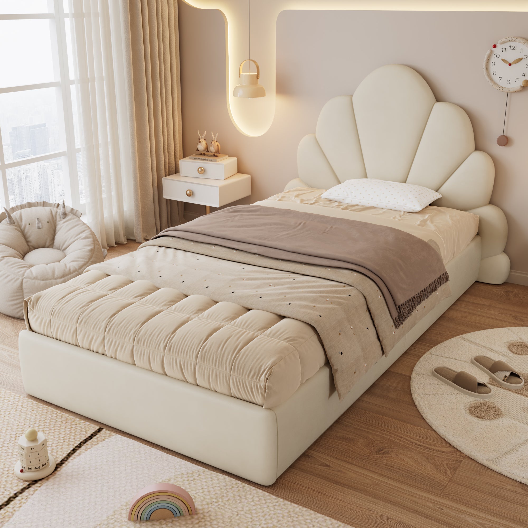 Bett Einzellager, Polsterbett z Blütenblättern, Samt, Beige, 90x200cm, Rutschfest