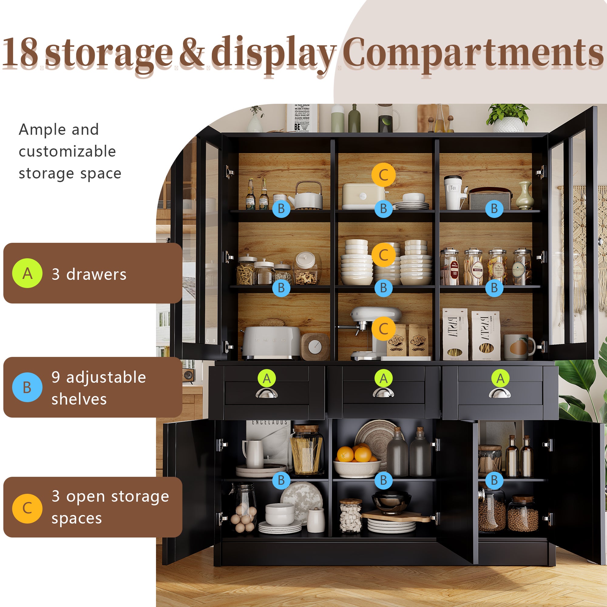 Buffet de cuisine avec 5 portes, 3 tiroirs et étagères de rangement, vitrine - 140 x 38.5 x 175 cm - MDF - Noir + naturel - 7