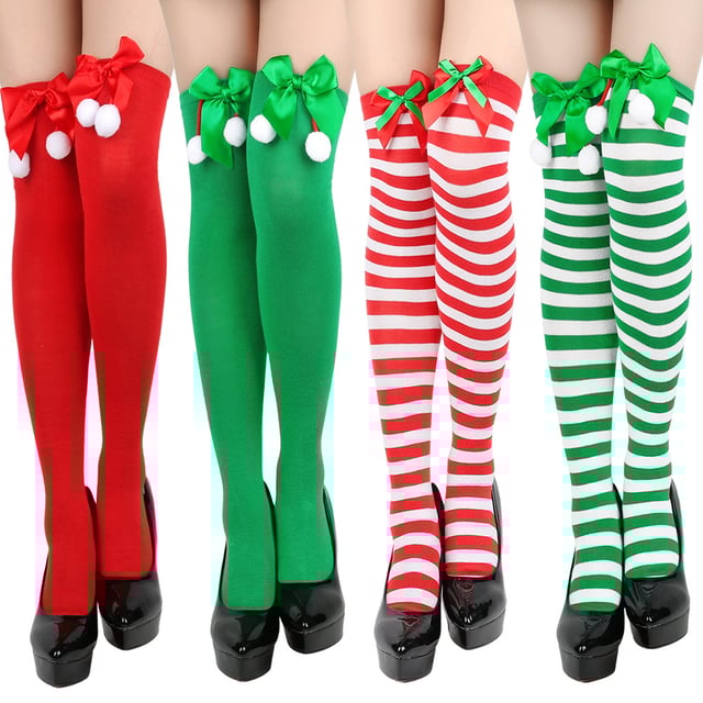 2 paires de chaussettes de Noël à nœud, chaussettes à pompons, chaussettes hautes, chaussettes montantes pour femmes, chaussettes rayées de Noël