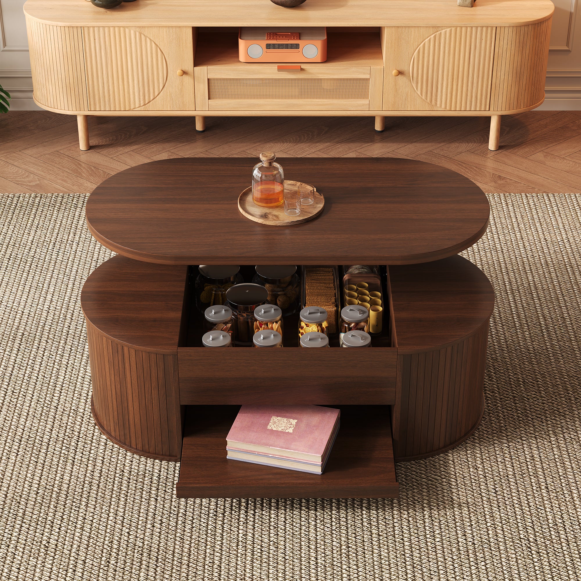 Tavolino da caffè sollevabile con 1 cassetto ovale - 110 x 55,5 x 55 cm - MDF - Per soggiorno - Marrone - 7