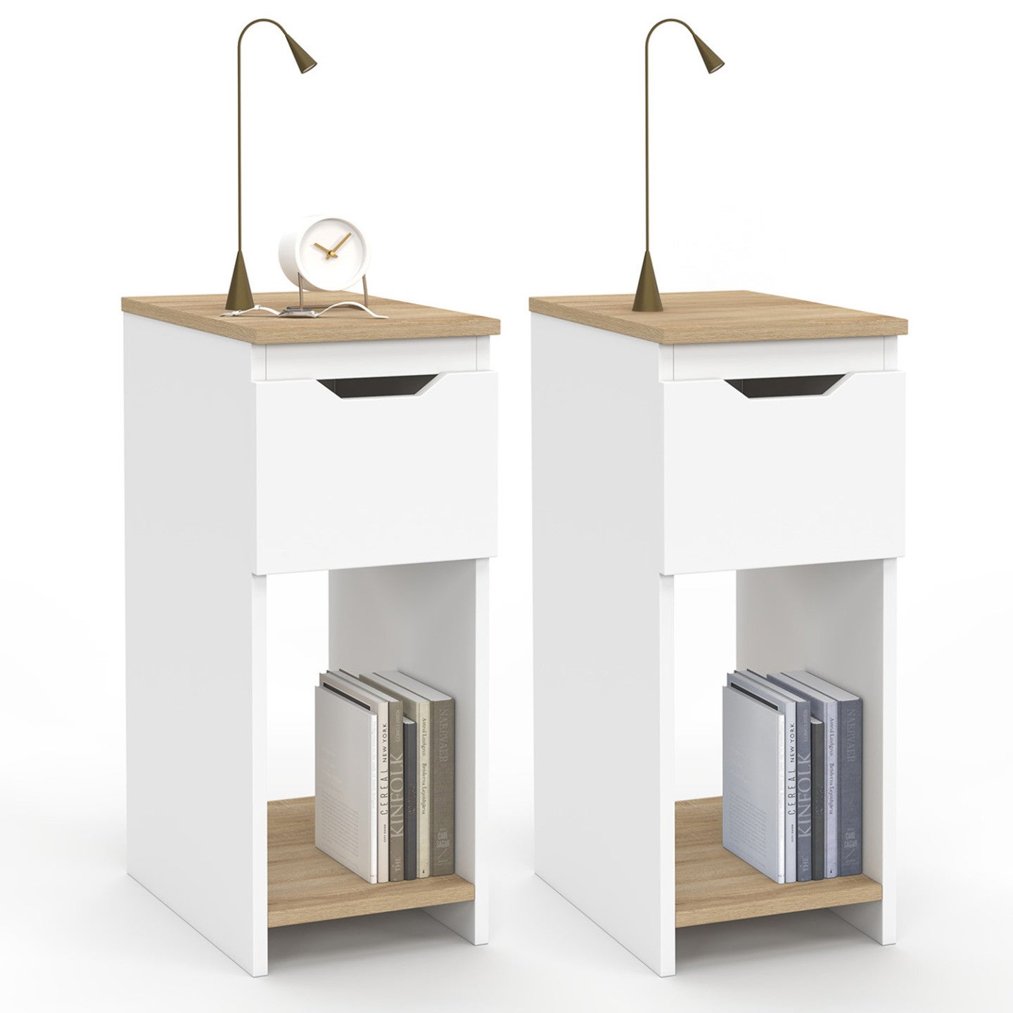 Lot de 2 tables de chevet étroites ANOUK 1 tiroir avec niche blanc et bois - 2