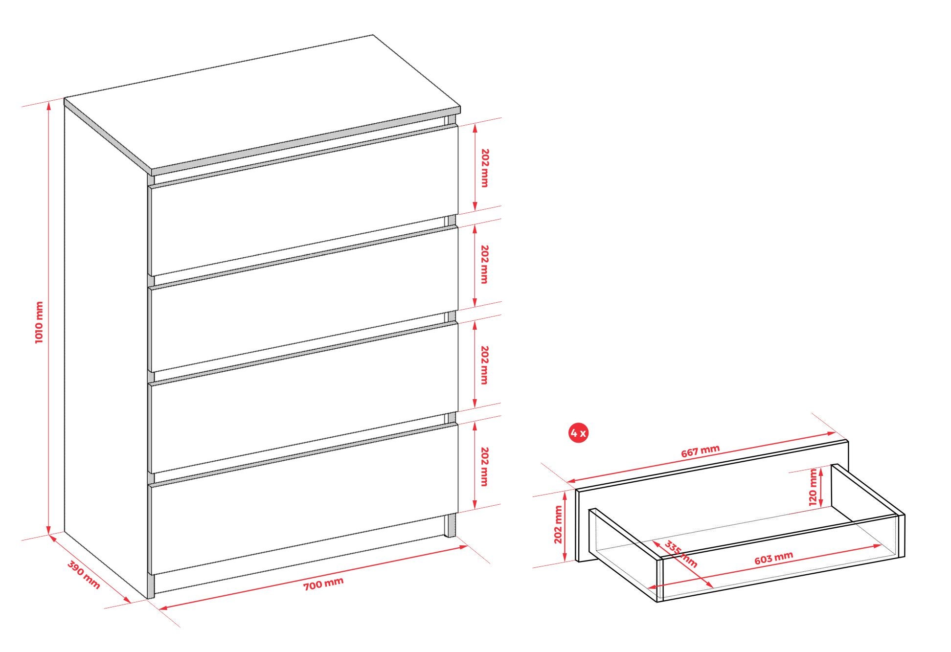 Commode 4 tiroirs, cachemire, 70 x 39 x 101 cm - 5