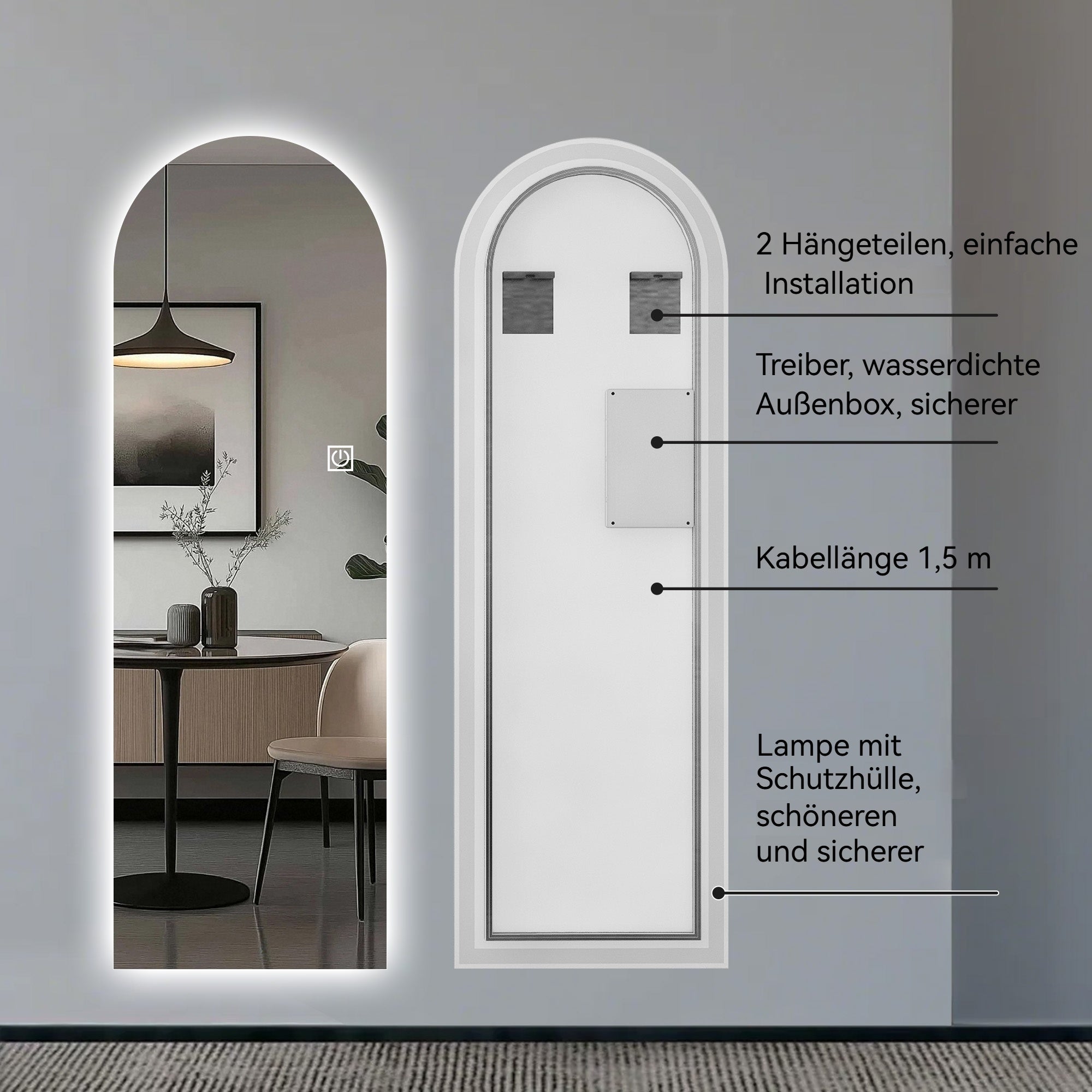Miroir de salle de bain arqué 165×50 cm, avec éclairage LED à intensité variable, haute résolution, antidéflagrant - 9