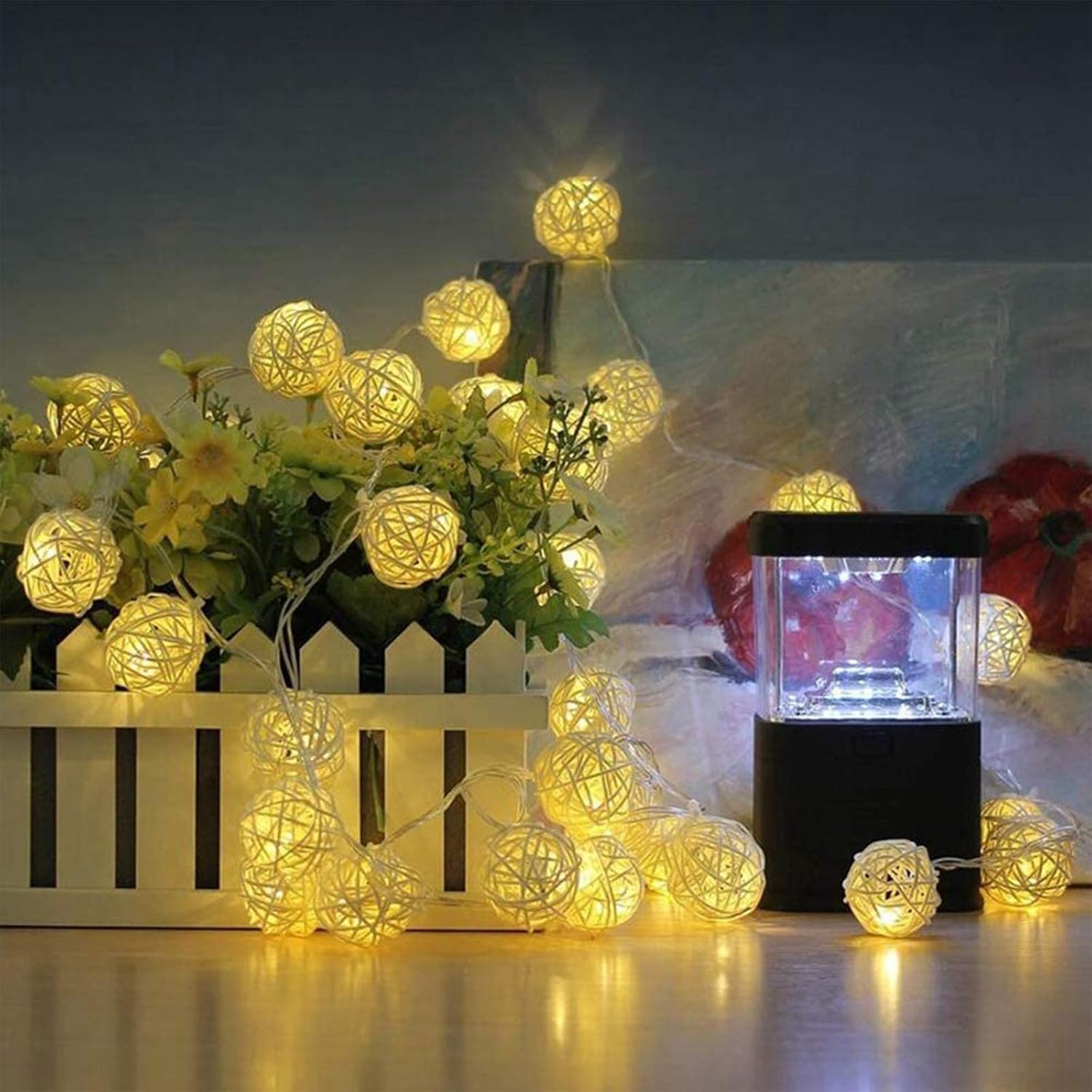 Guirlande lumineuse à billes en rotin à LED, 5M 40 LED à piles étanches IP44 Boules en rotin Guirlande lumineuse Décoration de Noël - 2