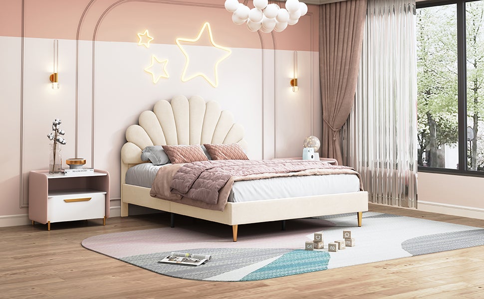 Lit 140x190 cm avec sommier à lattes, COZY, forme de pétale, cadre de lit double, lit enfant, tissu en velours, 140x190 cm, beige - 5