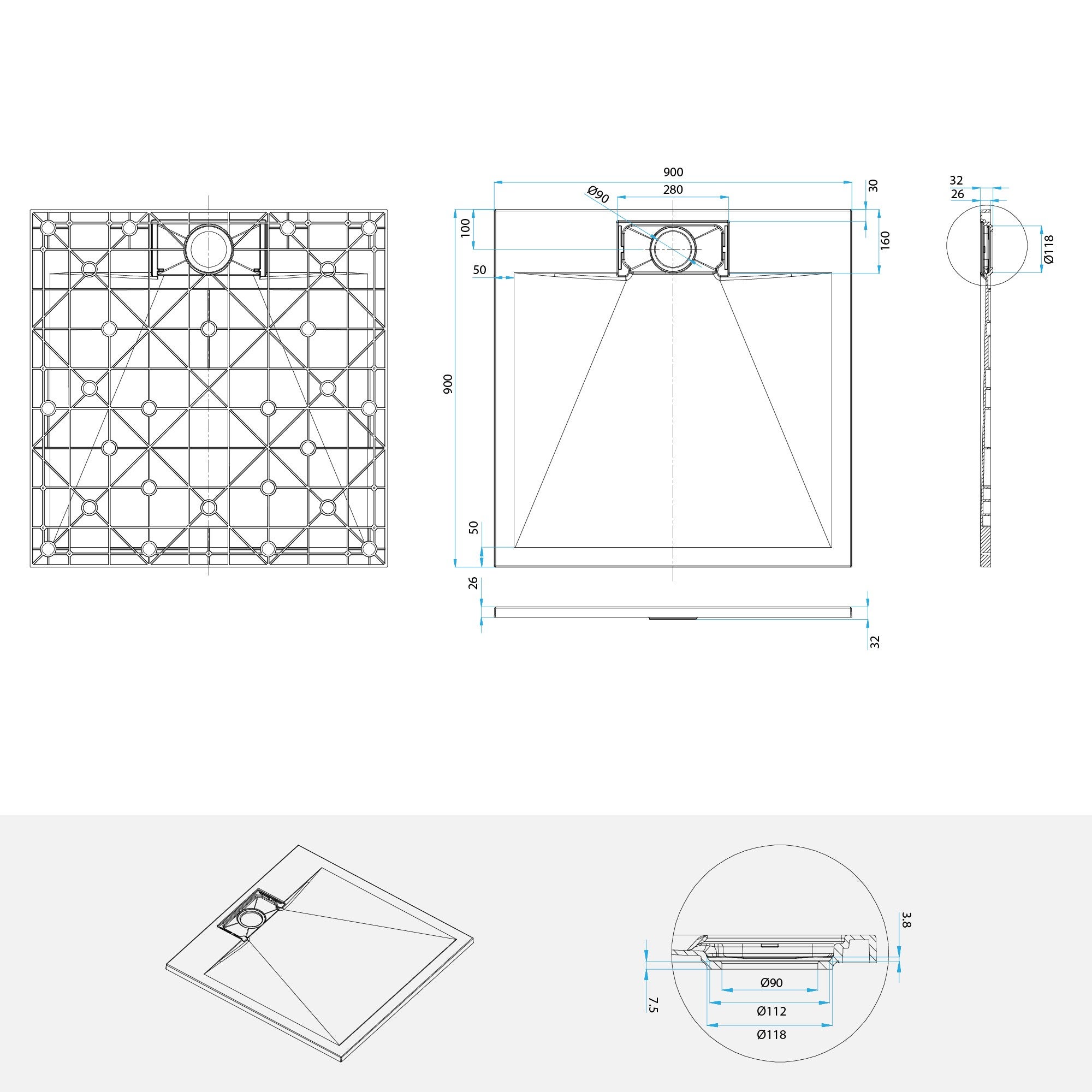 POLAR Receveur de douche 90 x 90 cm Blanc extra-plat effet pierre antidérapant + bonde incluse - 5