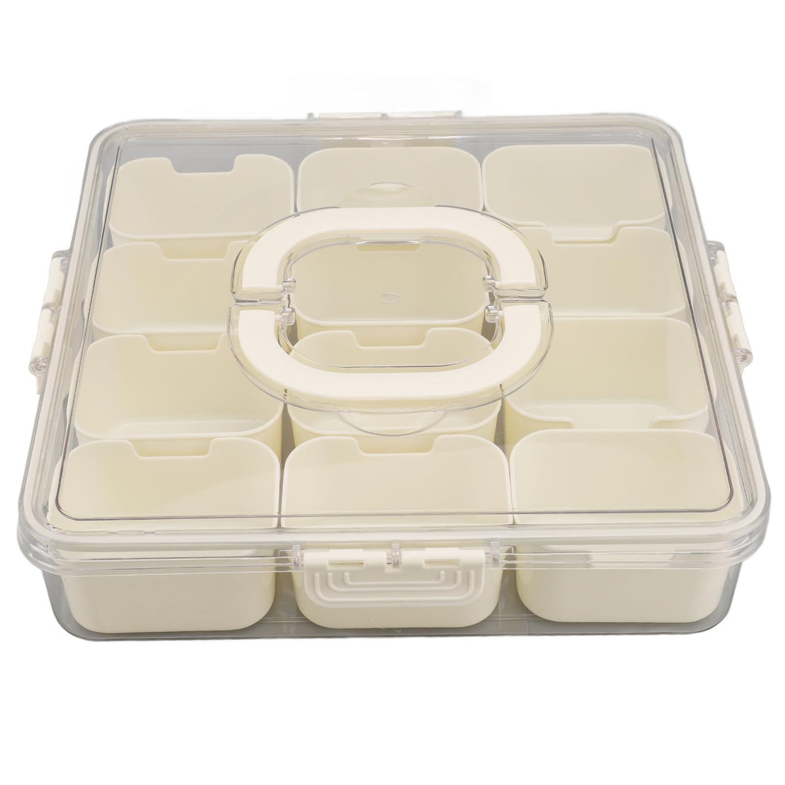 Contenitore Per Snack Auto E Picnic Con 4 Scomparti - Vassoio Portatile Con Manico E Forchetta - Bianco Trasparente
