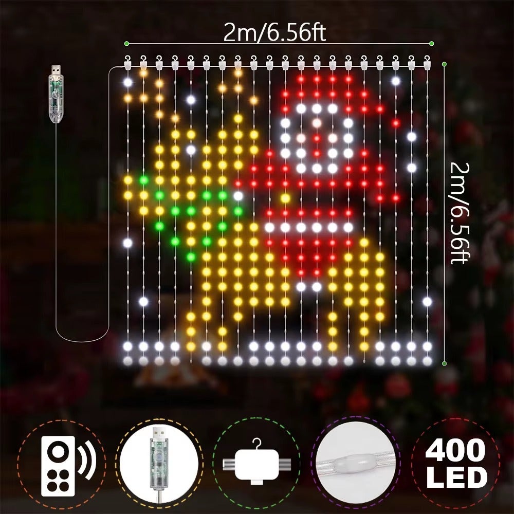 Cortina de luces navideñas animadas con control remoto, 2 m x 2 m, 400 ...