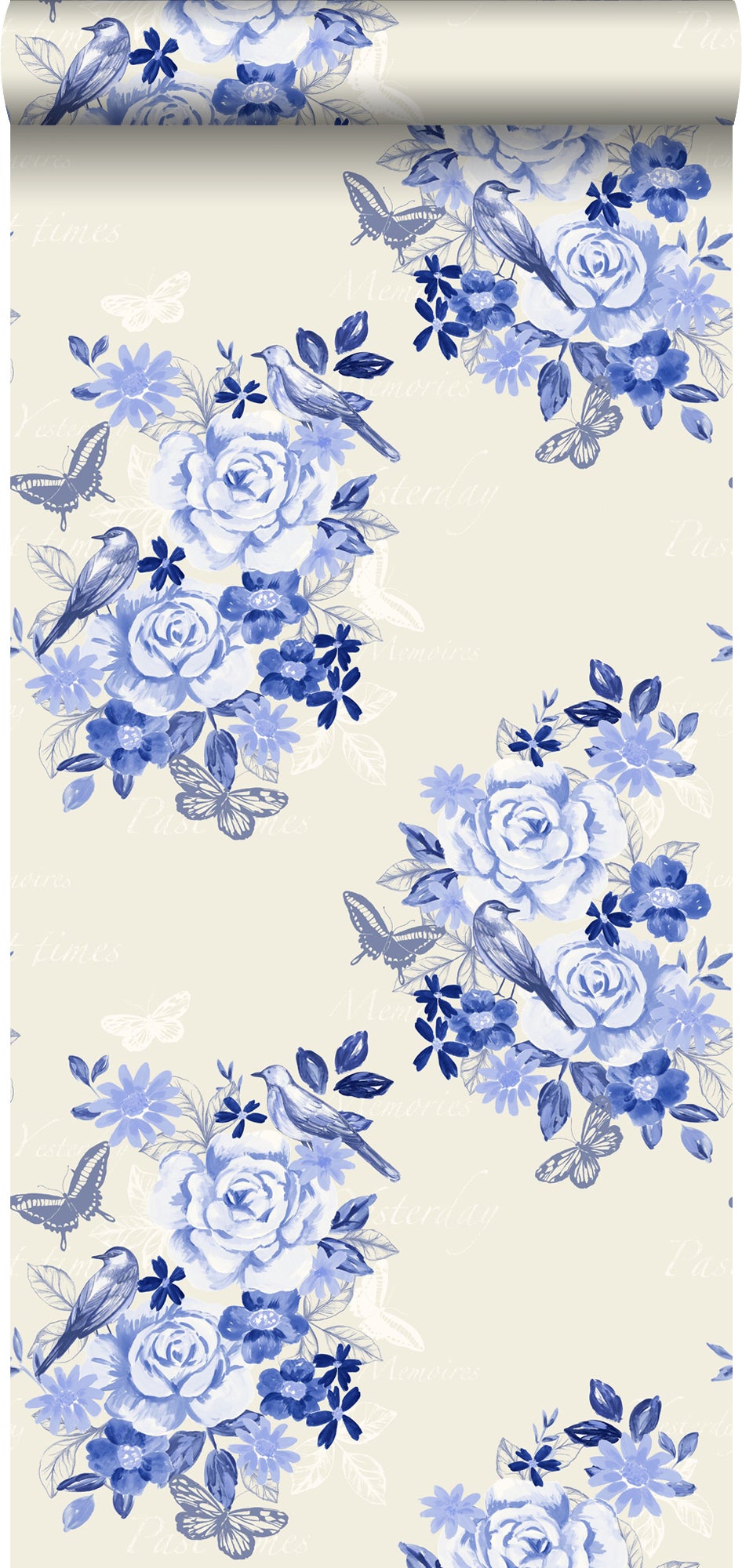 Papel pintado flores y pájaros azul índigo - 53 cm x 10,05 m - estahome