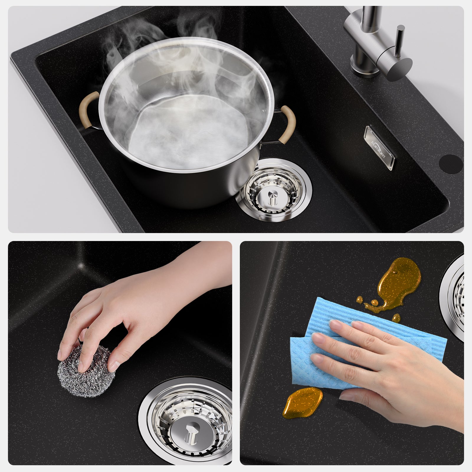 Évier Cuisine en Granit 55*45*20cm, Eveir 1 Bac Kit de Vidage, Évier Cuisine Encastré, Noir evier a poser - 6