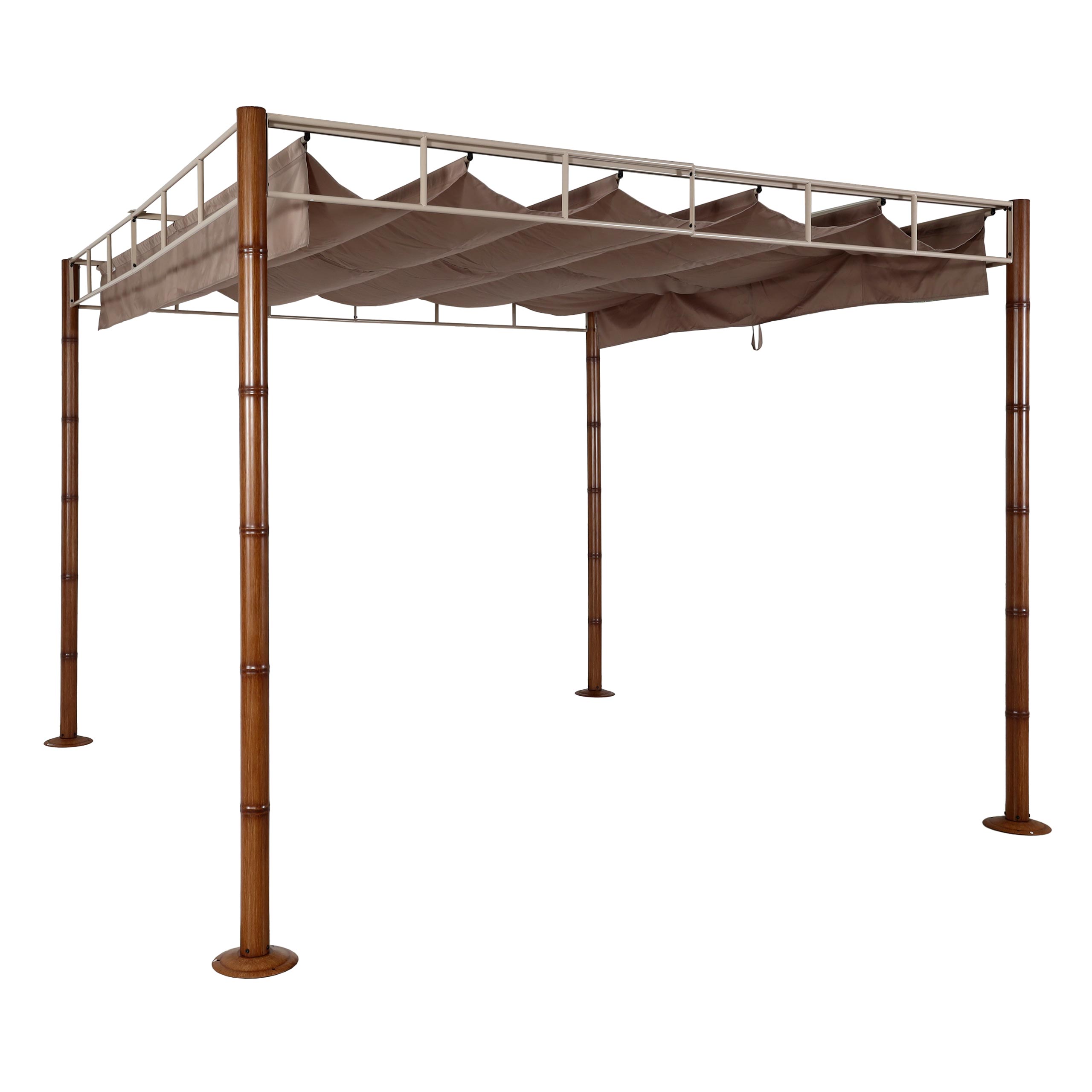 Pergola HWC-L42, pawilon ogrodowy zadaszenie patio, solidna 7cm metalowa rama 3x3m wygląd bambusa ~ taupe-brown