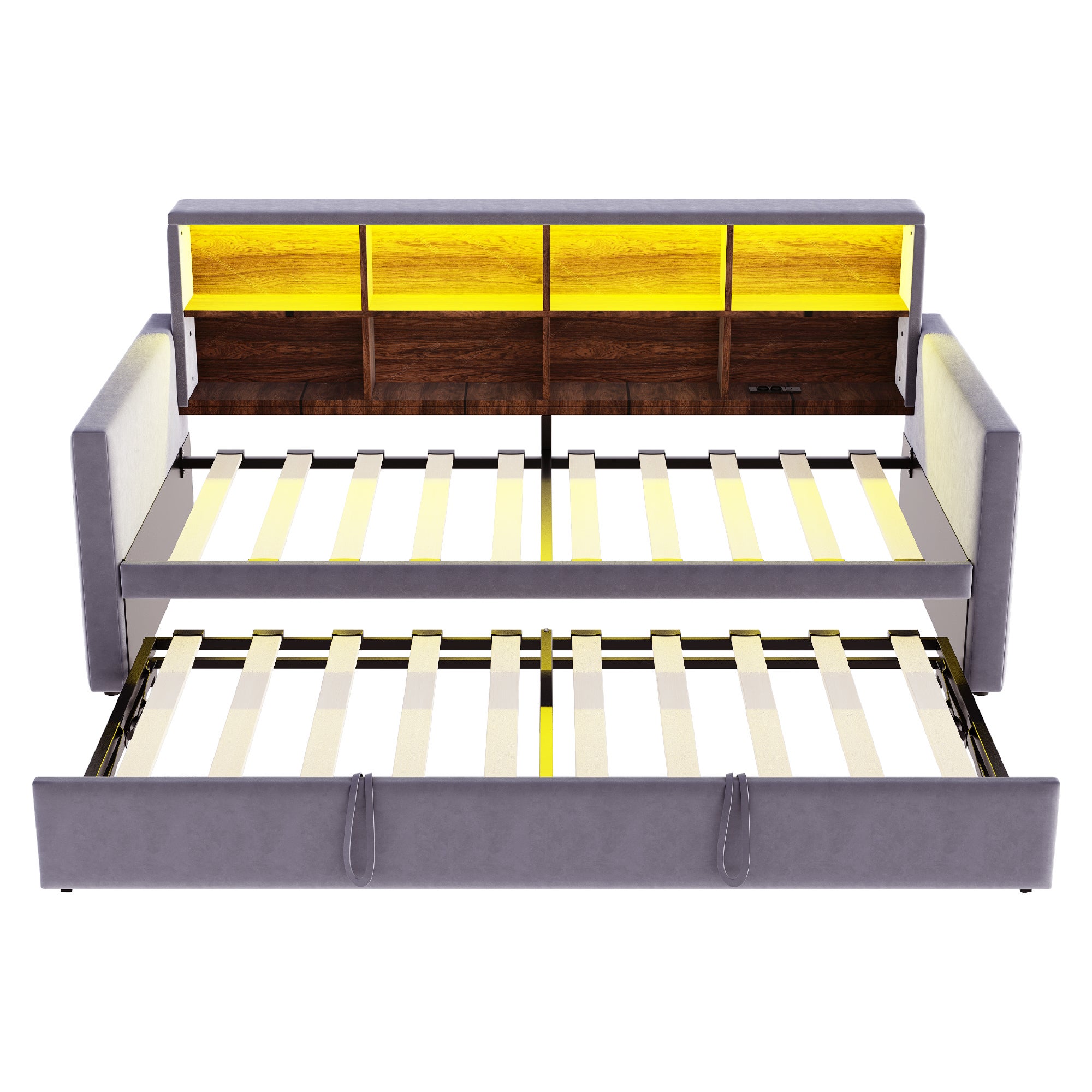 Rozkładana sofa z poduszkami 90x190cm - z oświetleniem LED - z gniazdem ładowania - z wysuwane łóżko - tkanina welurowa - Ciemnoszary - 8