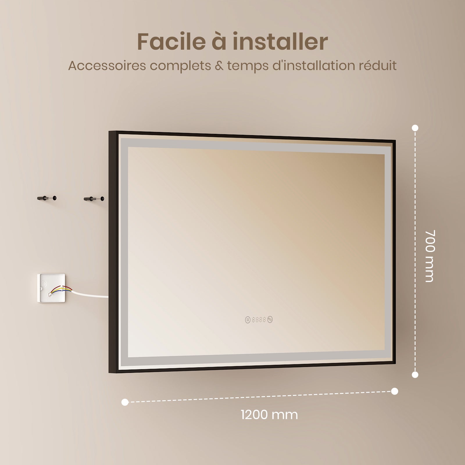 EMKE Miroir lumineux salle de bain 120x70cm, Cadre noir, Miroir LED avec Interrupteur Tactile, Anti-buée, Horloge et Température, Lumière Neutre - 7