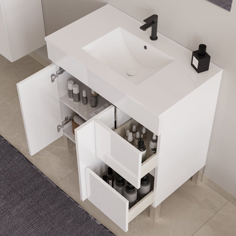 Meuble de salle de bain 80cm simple vasque sans miroir sur pieds avec portes et tiroirs - blanc - HARO - 2