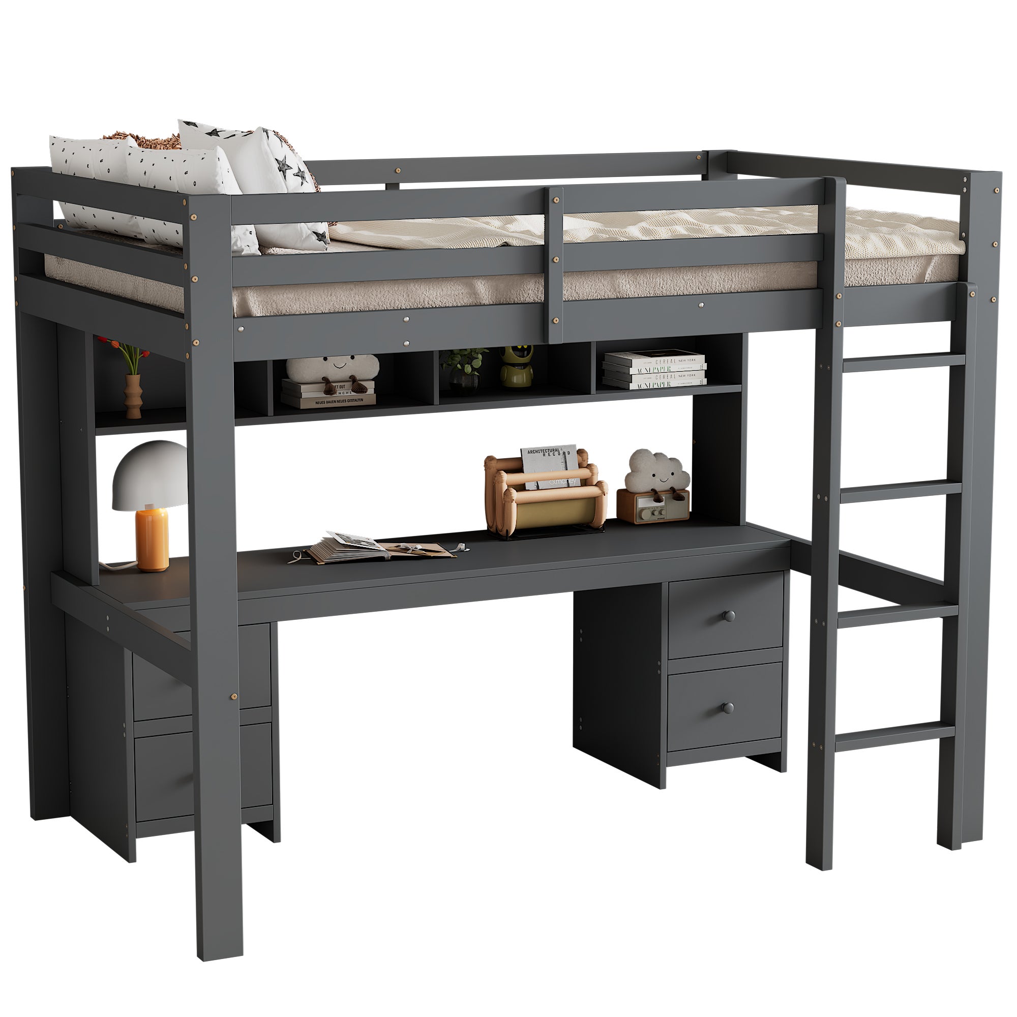 Lit Mezzanine X Cm Avec Bureau Et Commodes En Pin Massif Et Mdf Gris Leroy Merlin