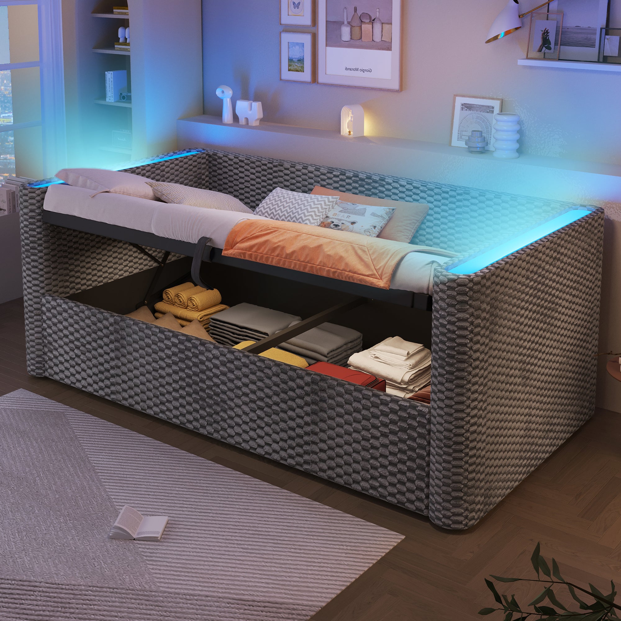 Łóżko z pojemnikiem 90 x 200 cm, sofa rozkładana, z podłokietnikami - aksamitne - diody LED - szare (materac nie jest wliczony w cenę)