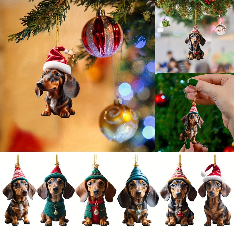 décoration de Noël teckel, pendentif chien acrylique 2D, amusante pour sapin, cadeau amoureux des chiens - 4