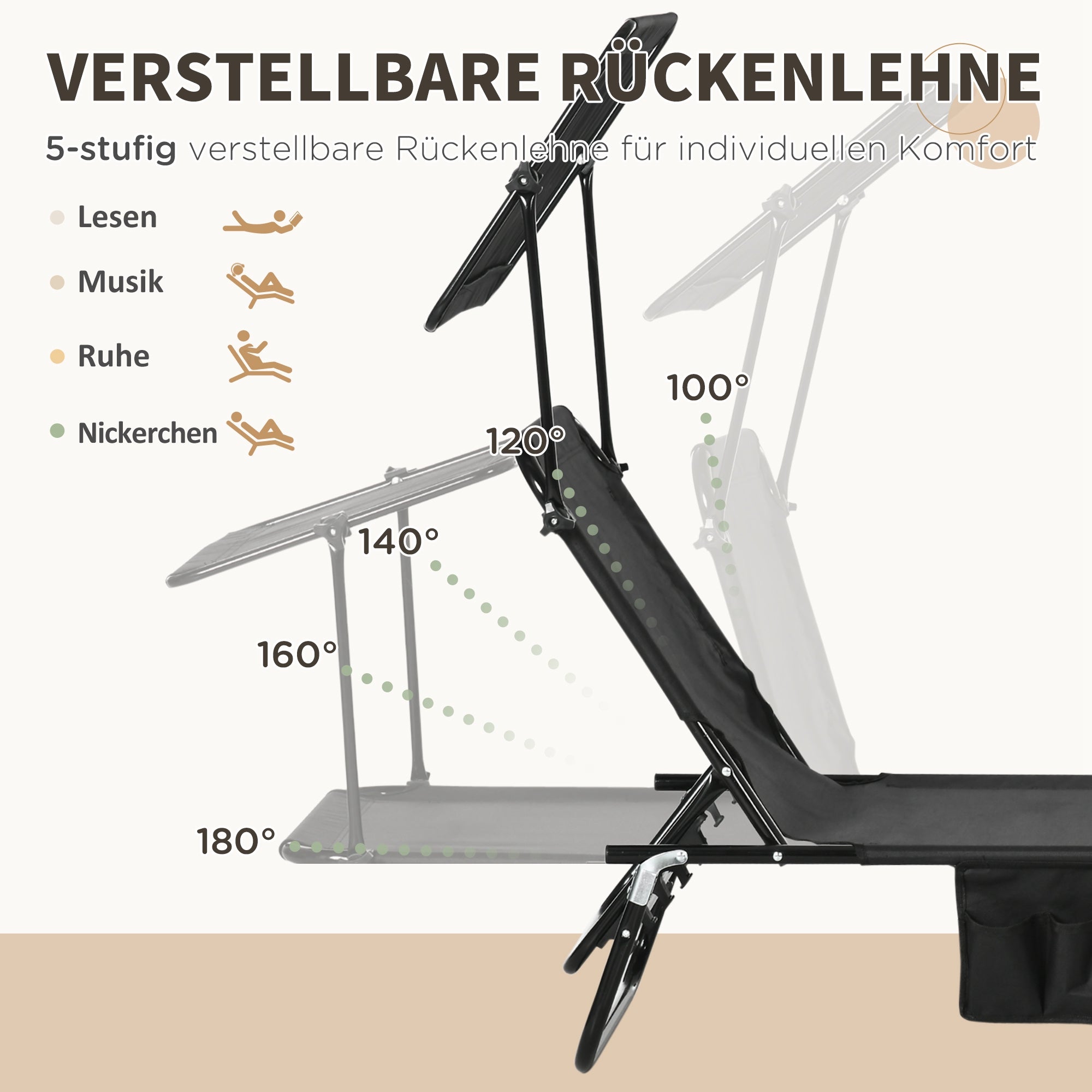 Ensemble de 2 chaises longues pliantes, chaises longues de jardin avec pare-soleil, dossier réglable en hauteur sur 5 positions, noires - 6