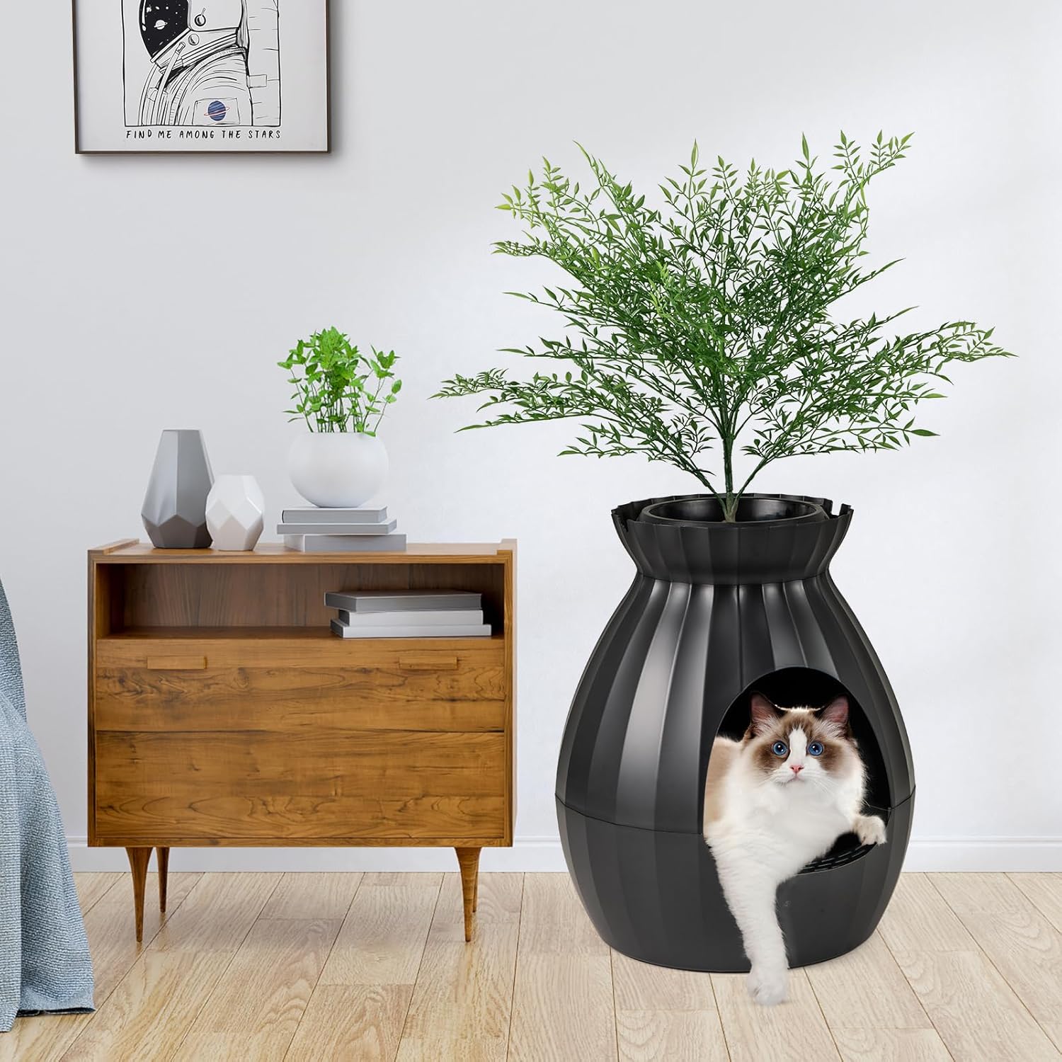 Caixa de areia para gatos XXL com desodorização iónica, caixa grande para gatos com 63 L e planta artificial verde, preta - 9