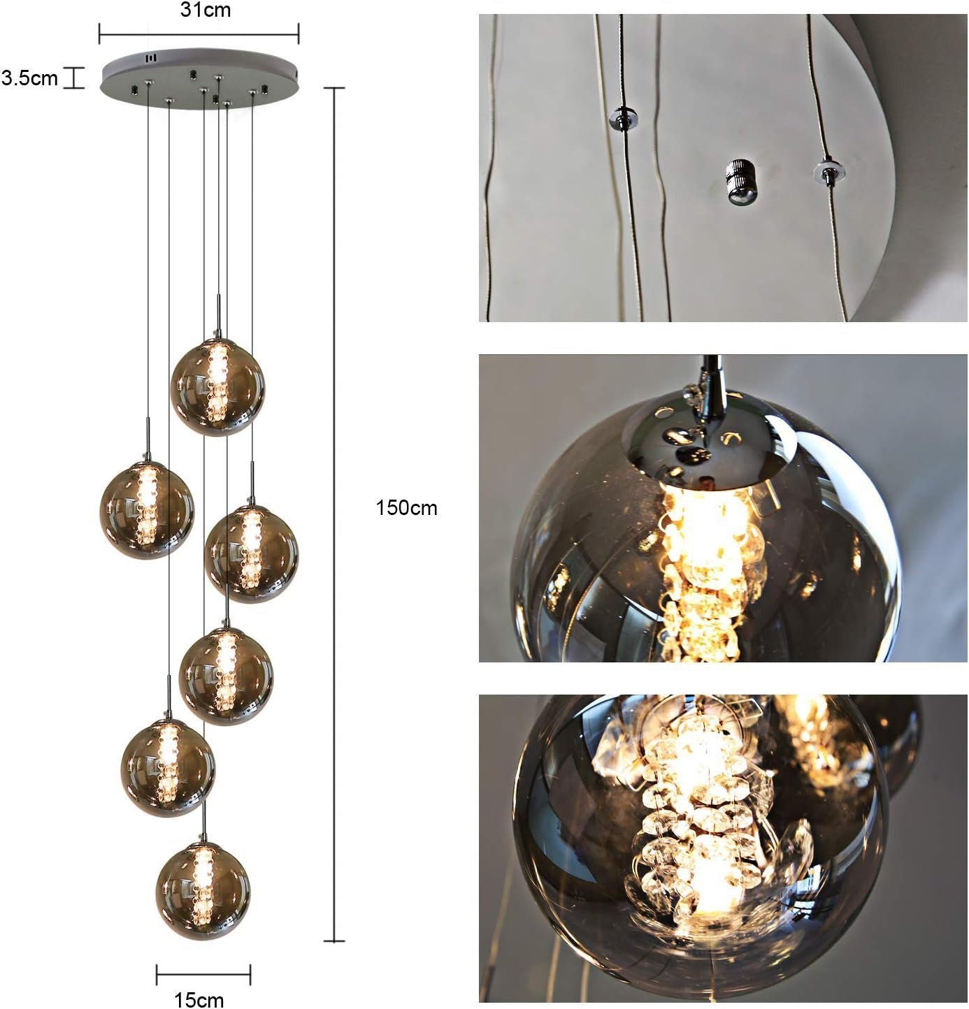 NETTLIFE Suspension G9 verre gris Diam.31cm 6 ampoules couleur cuisine salon lampe chambre lampe couloir - 4