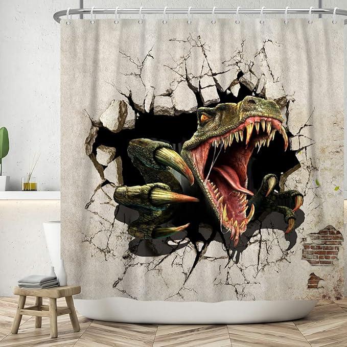 Zabawna zasłona prysznicowa 180x180 cm, zabawna zasłona ścienna z motywem dinozaura w stylu vintage, zmywalna, wodoodporna, tekstylna, do wanny, z 12