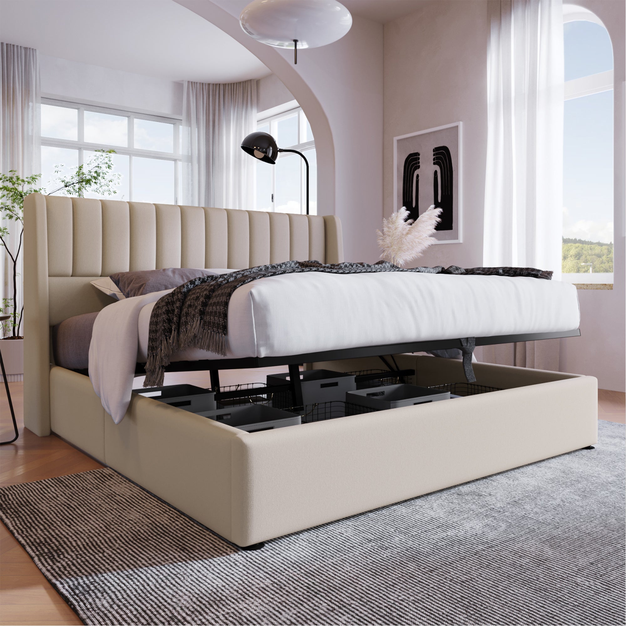 Lit coffre 160x200 cm avec hydraulique, cadre de lit double avec sommier à lattes, lit adulte, tissu en lin, 160x200 cm, beige - 8