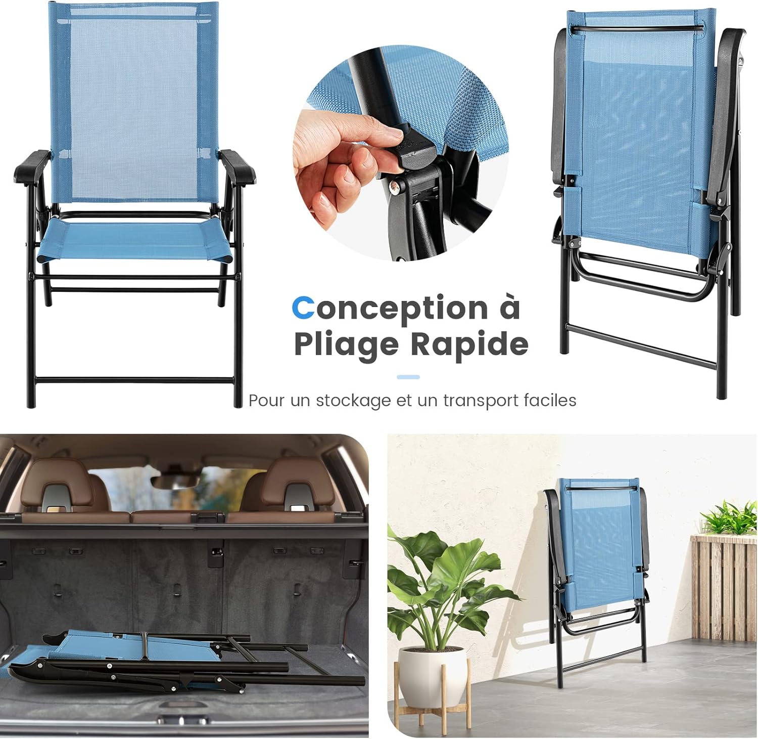 Set di 2/4 Sedie Pieghevoli da Giardino, Sedie Portatili con Braccioli e Struttura in Metallo, Sedie da Esterno Giardino Campeggio,Portata 150 - 6