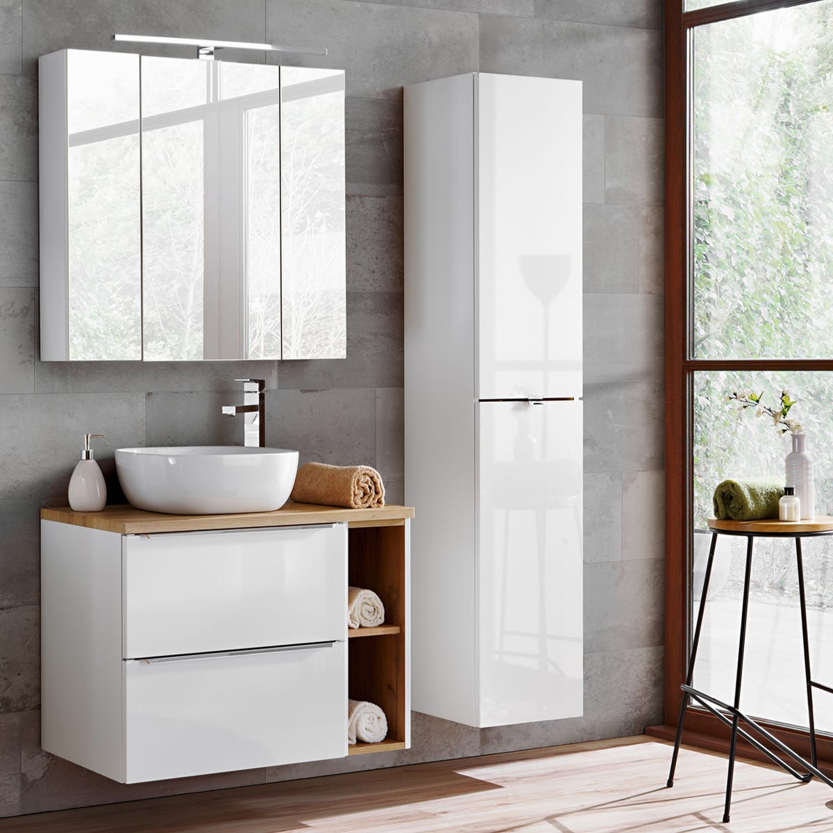 Mobile bagno sospeso da 80 cm cannettato lavabo in ceramica con 2 cassettoni tabacco Luma Mobile bagno sospeso da 80 cm cannettato lavabo in ceramica con 2 cassettoni tabacco Luma