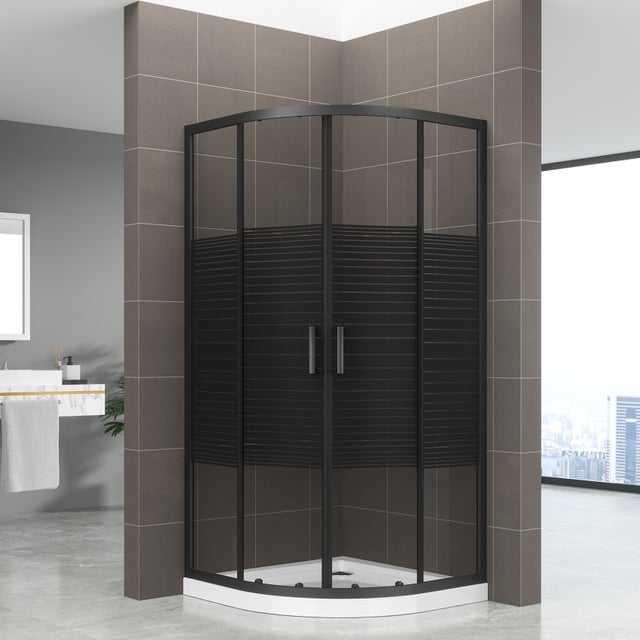 TIBYBLACK Cabine de douche 80 x 80 cm + receveur - 1/4 de cercle verre sérigraphié ligne, coulissant noir H.190