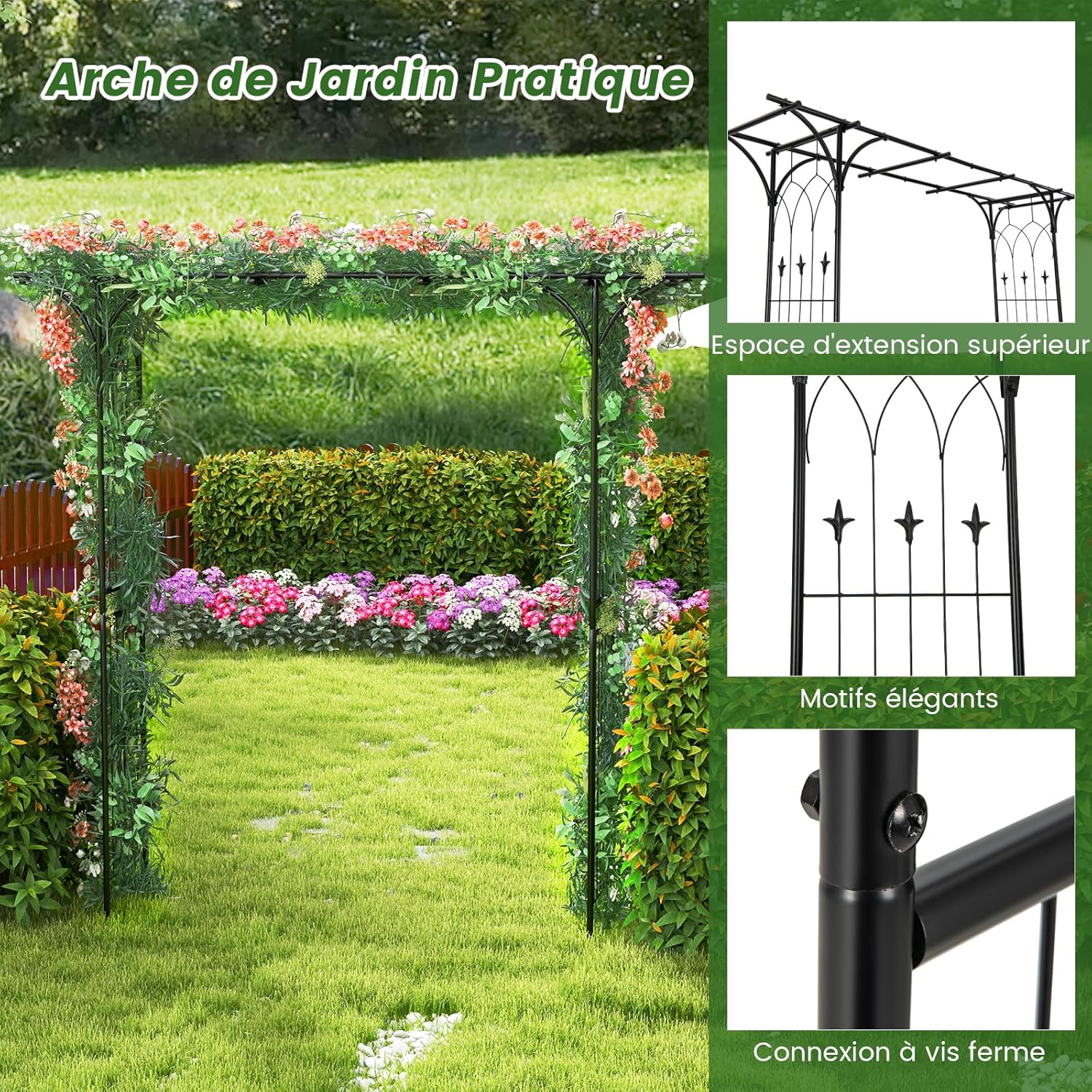 Arche de Jardin en Fer Forgé 205 cm, Treillis pour Diverses Plantes Grimpantes, Arche de Décoration Intérieure et Extérieure, 205 x 52 x 205 cm(Noir) - 6