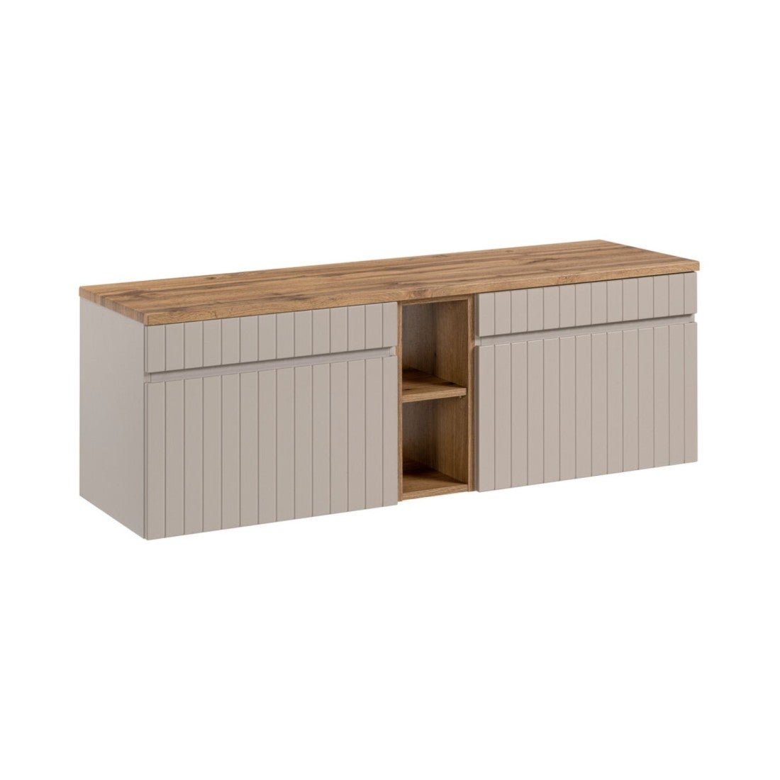 Conjunto icon: mueble bajo lavabo 140cm cachemira con nichos visibles aspecto madera + encimera para lavabo aspecto madera